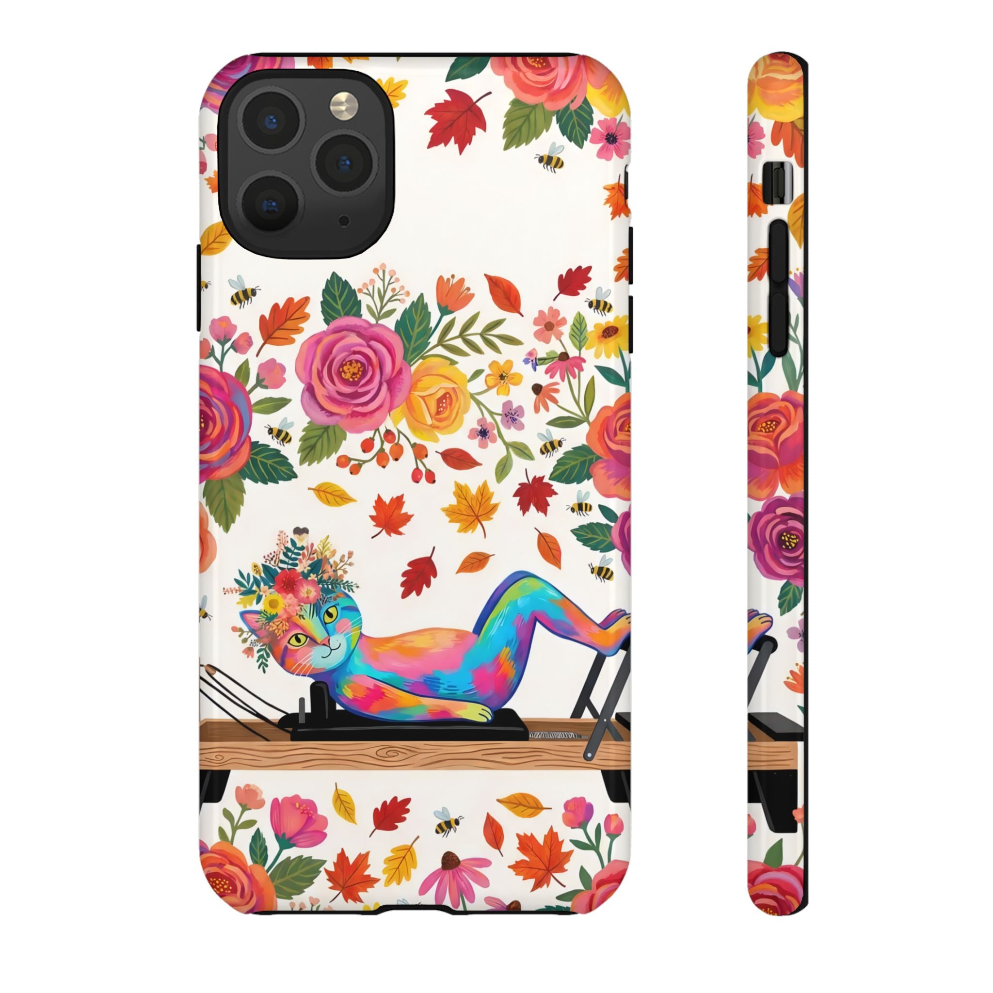 Autumn Floral Pilates iPhone Case | Colorful Rainbow Pilates Cat on Falling Leaves