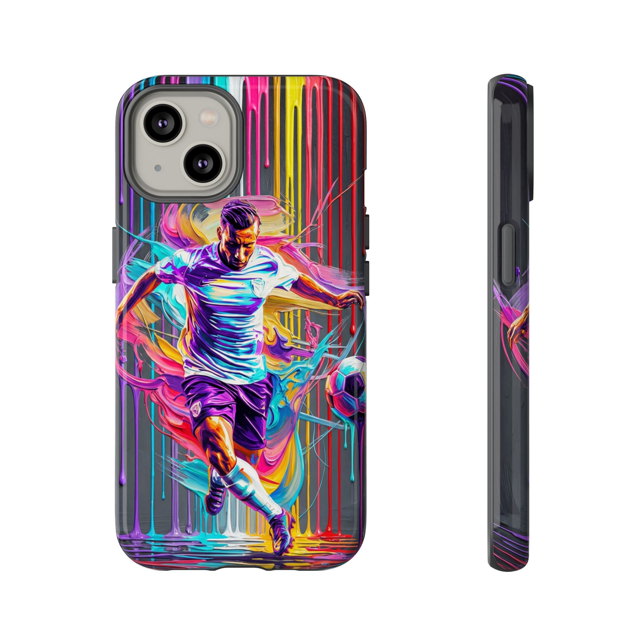 Soccer Player Neon Art iPhone Case | Vibrant Football Kick Protective Cover