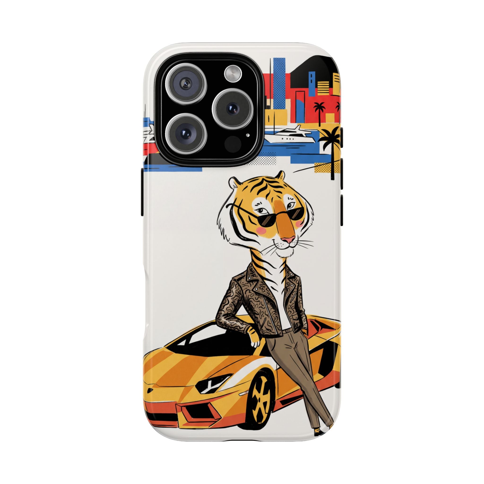 Stylish Tiger with Sports Car Illustration iPhone Case