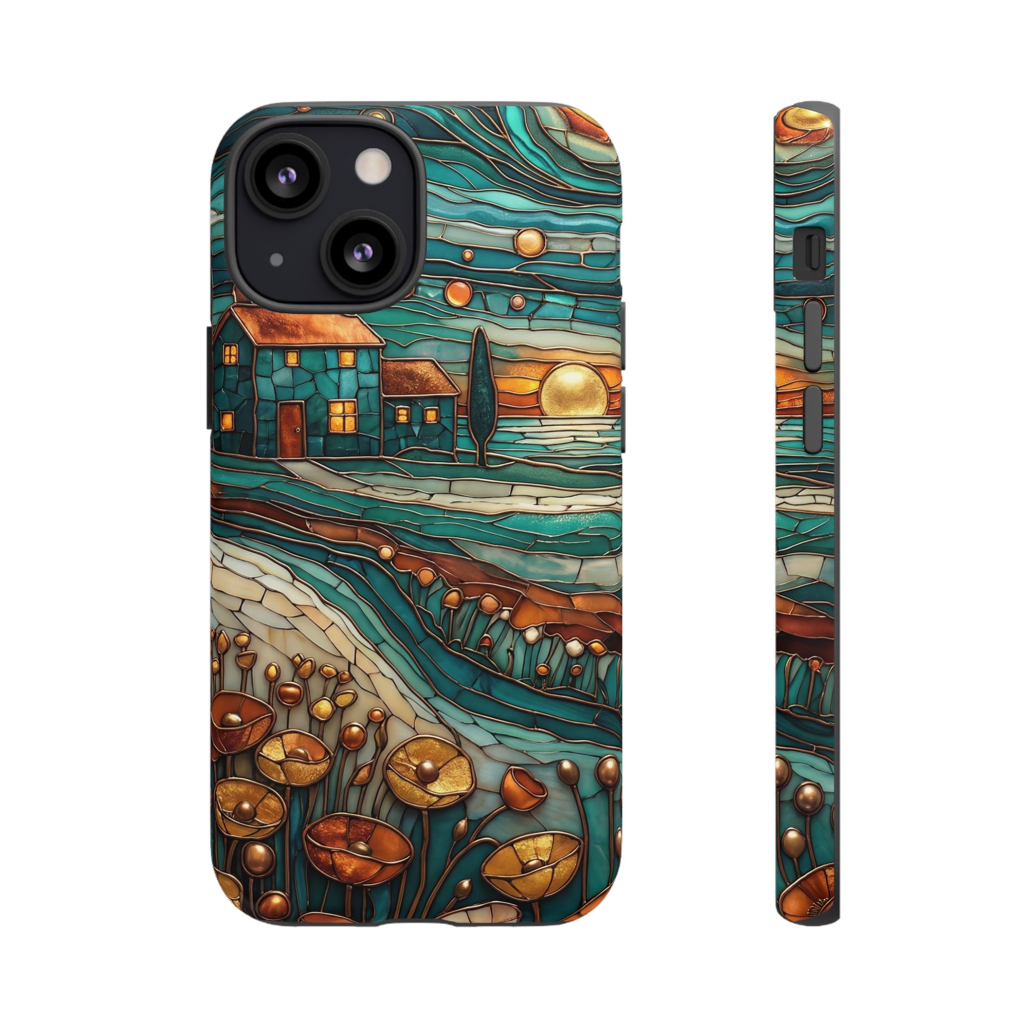 Artistic Sunset Cottage iPhone Case | Whimsical Floral Landscape Protective Cover