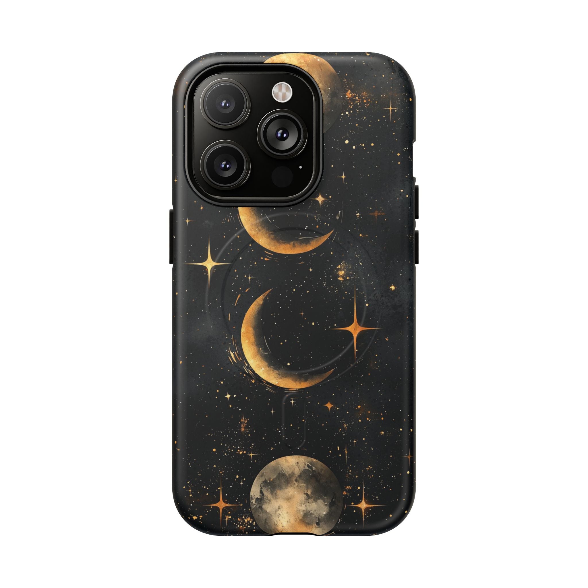 Custodia rigida MagSafe per iPhone con fasi lunari celestiali | Design a forma di galassia con mezzaluna dorata e luna piena