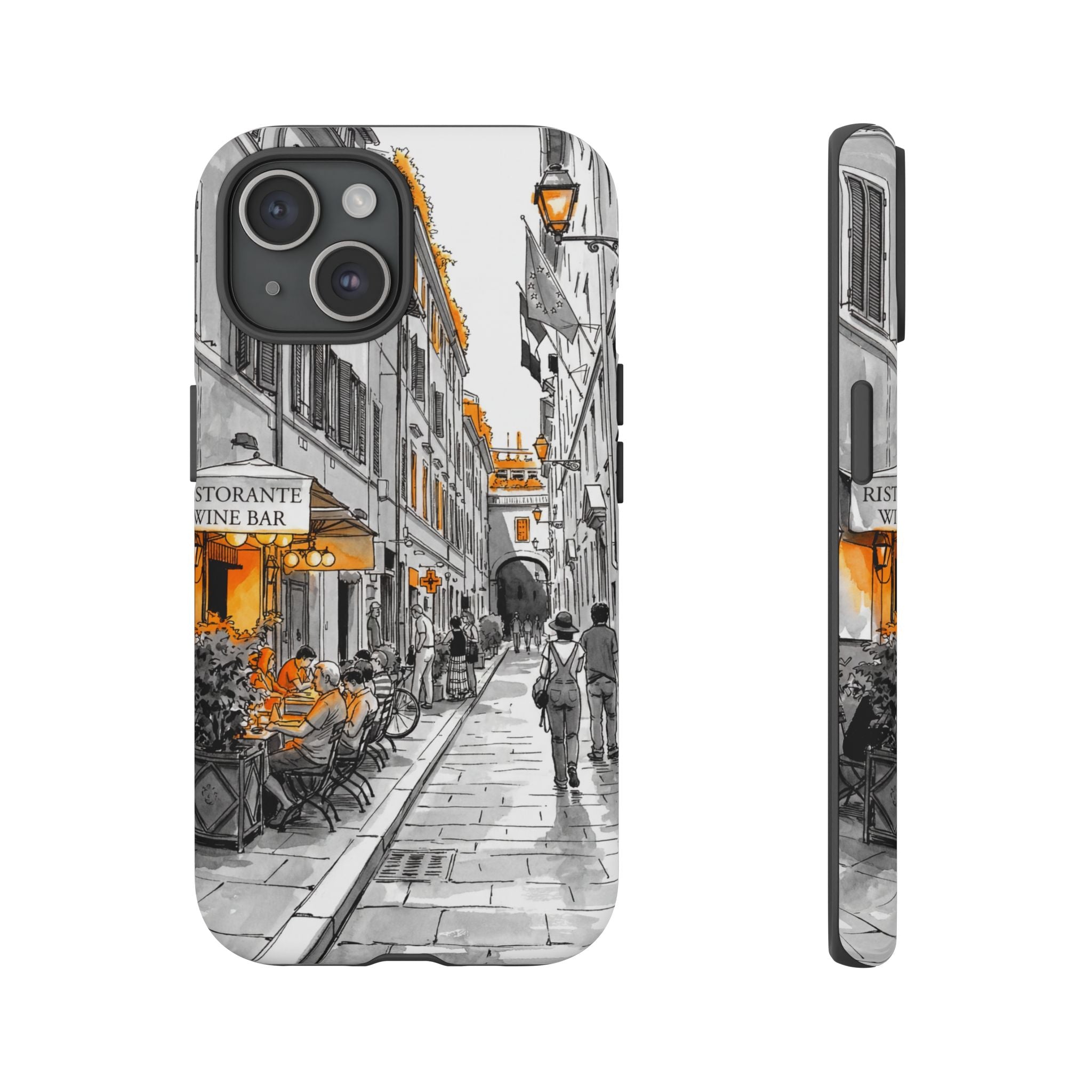Vintage Italy Street iPhone Case | Black & White Sketch with Orange Accent