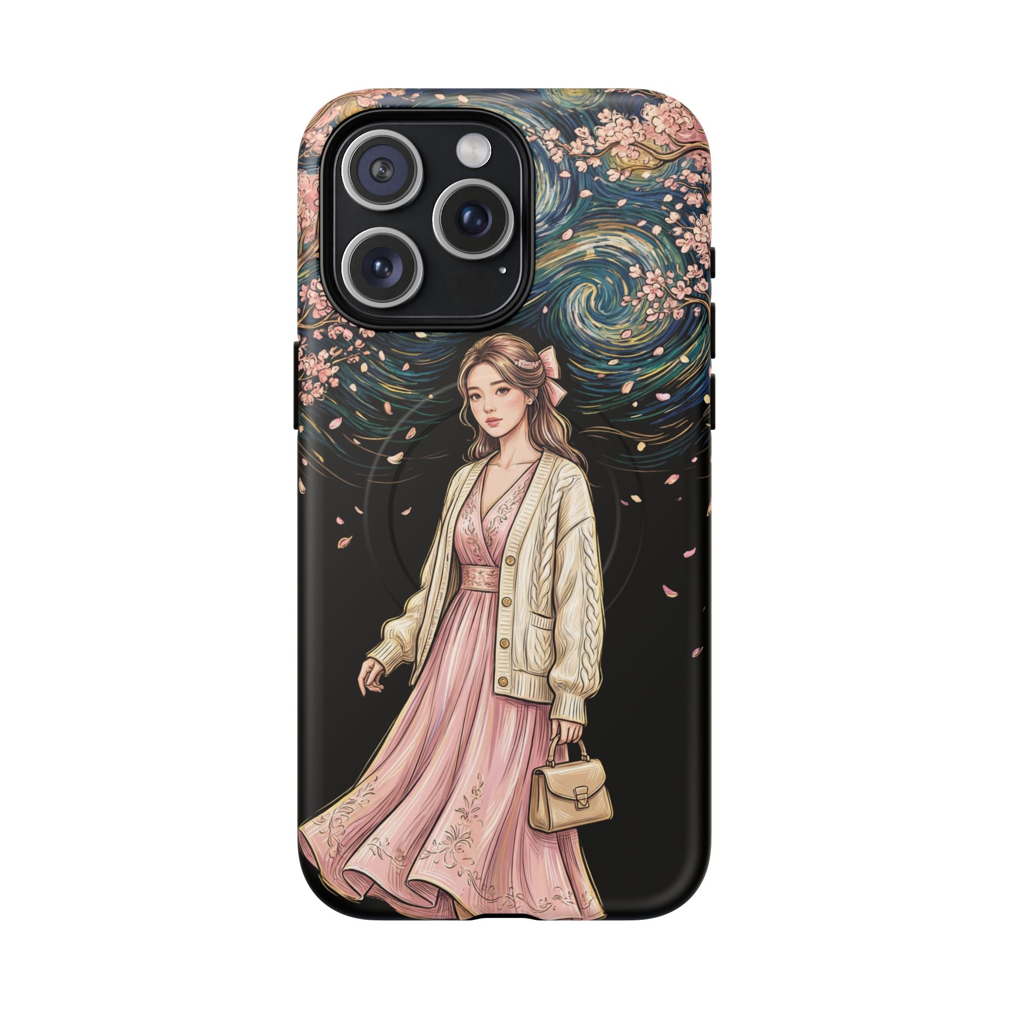 Floral Starry Night MagSafe iPhone Case | Elegant Girl in Pink Dress