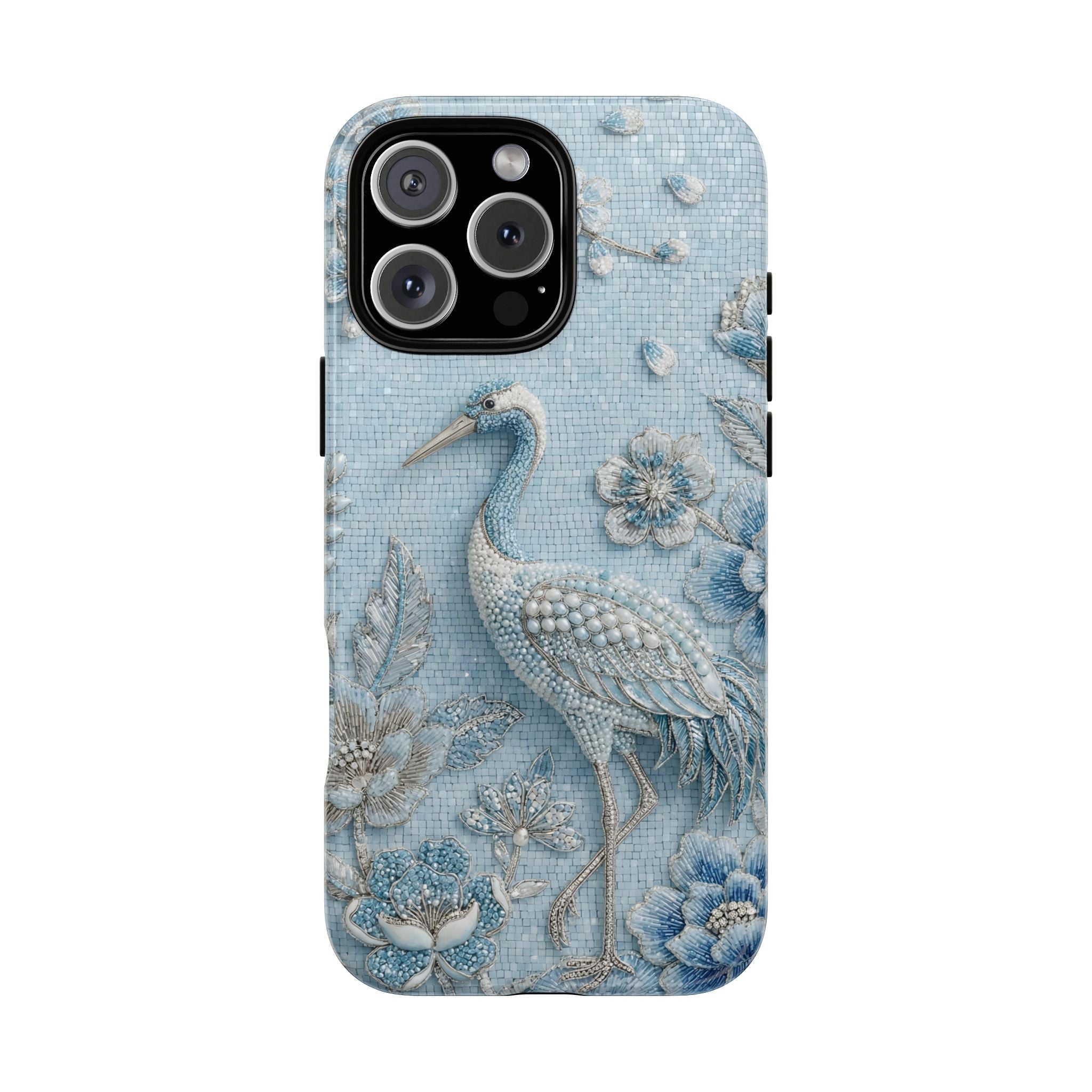 Blue Crane Floral iPhone Case | Vintage Embossed Bird Design