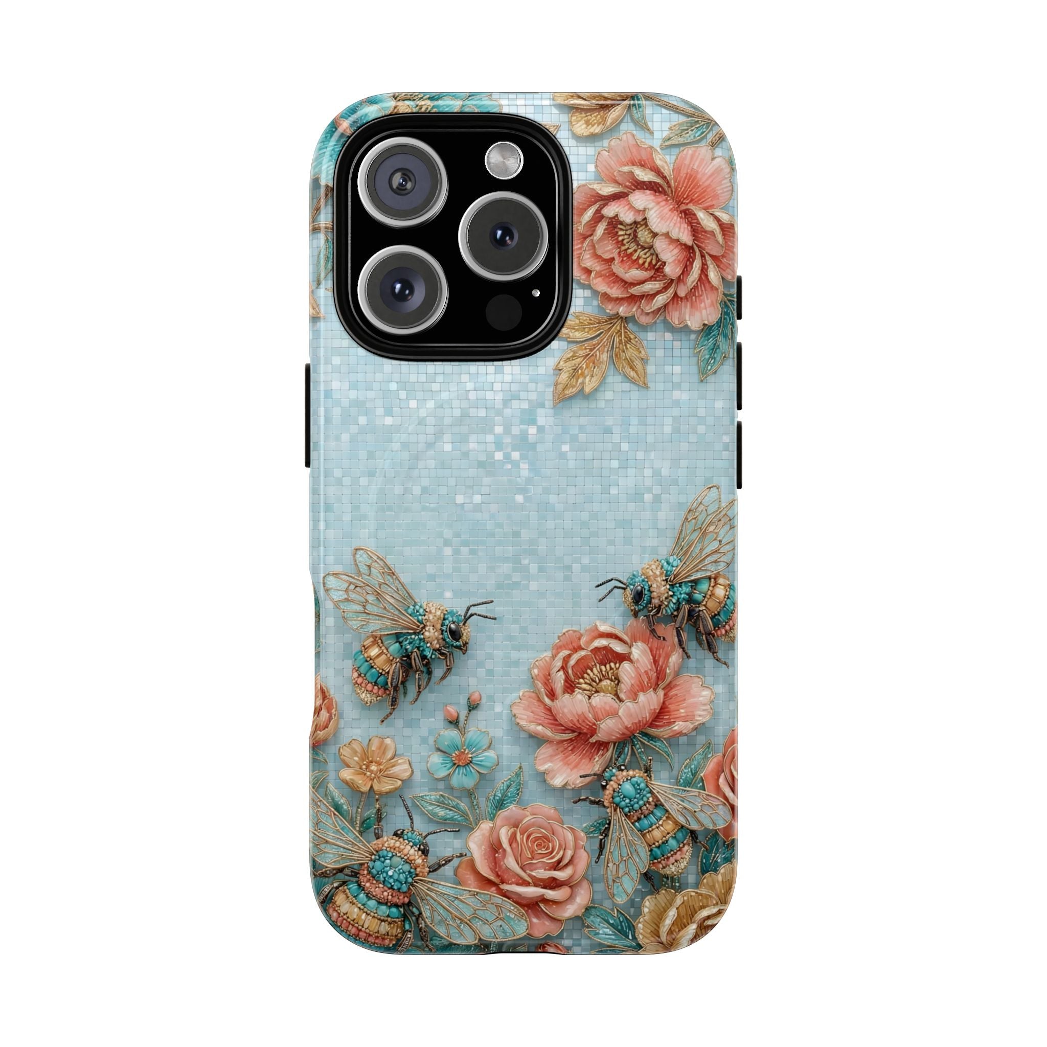Floral Bees MagSafe iPhone Case | Vintage Rose & Turquoise Protective Cover