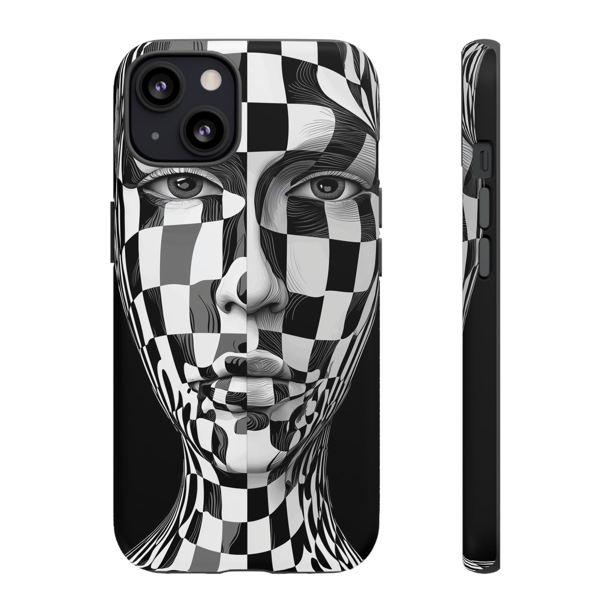 Checkerboard Face Tough iPhone Case — Black & White Surreal Art Protective Cover