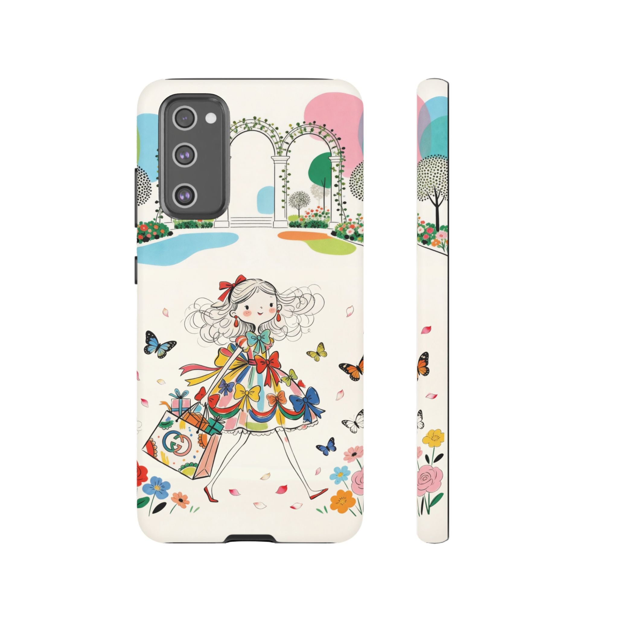 Whimsical Shopping Girl Samsung Galaxy Phone Case | Cute Floral Butterfly Tough Case