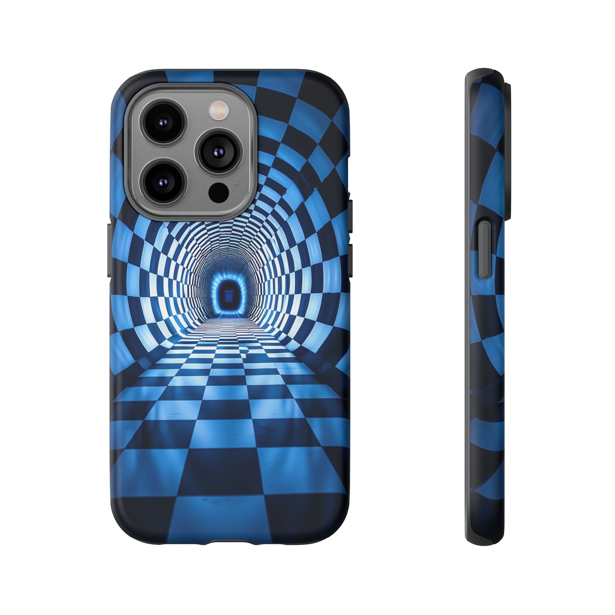 Blue Checkered Tunnel iPhone Case — 3D Optical Illusion Tough Case