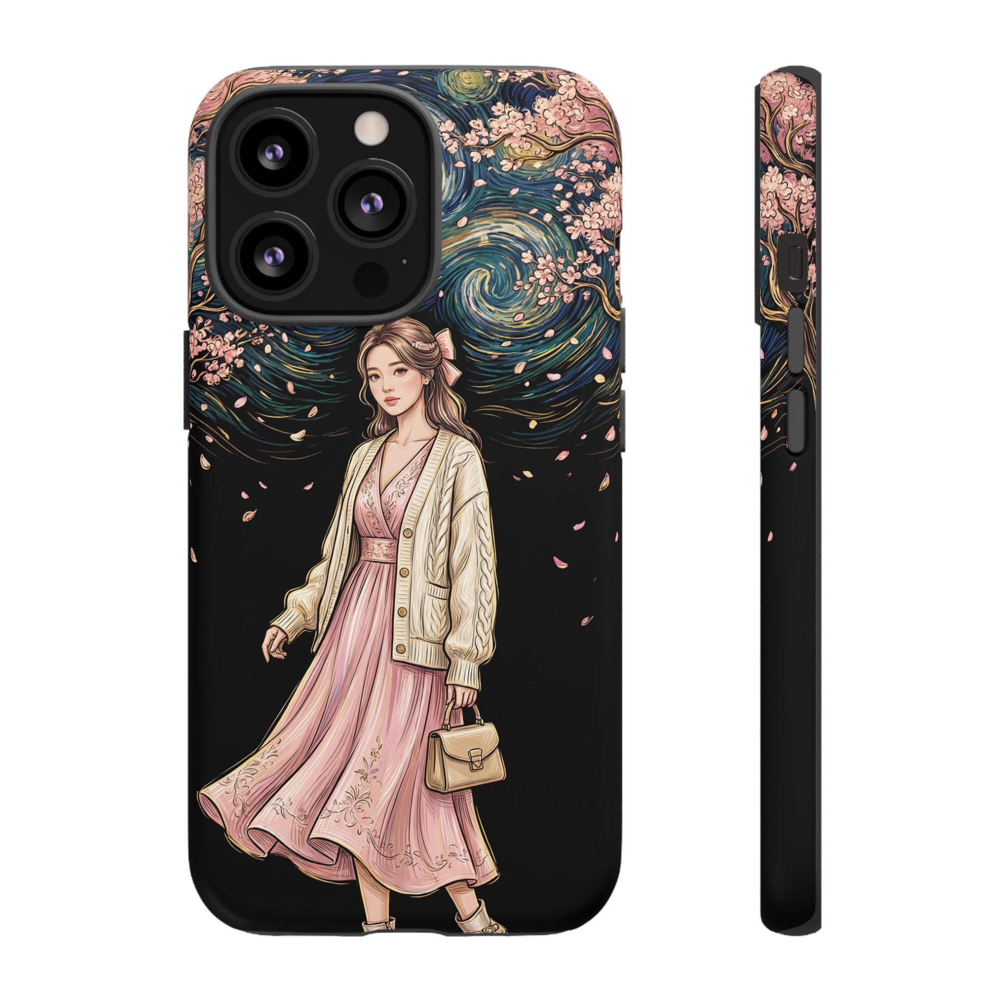 Floral Starry Night iPhone Case | Elegant Girl in Pink Dress