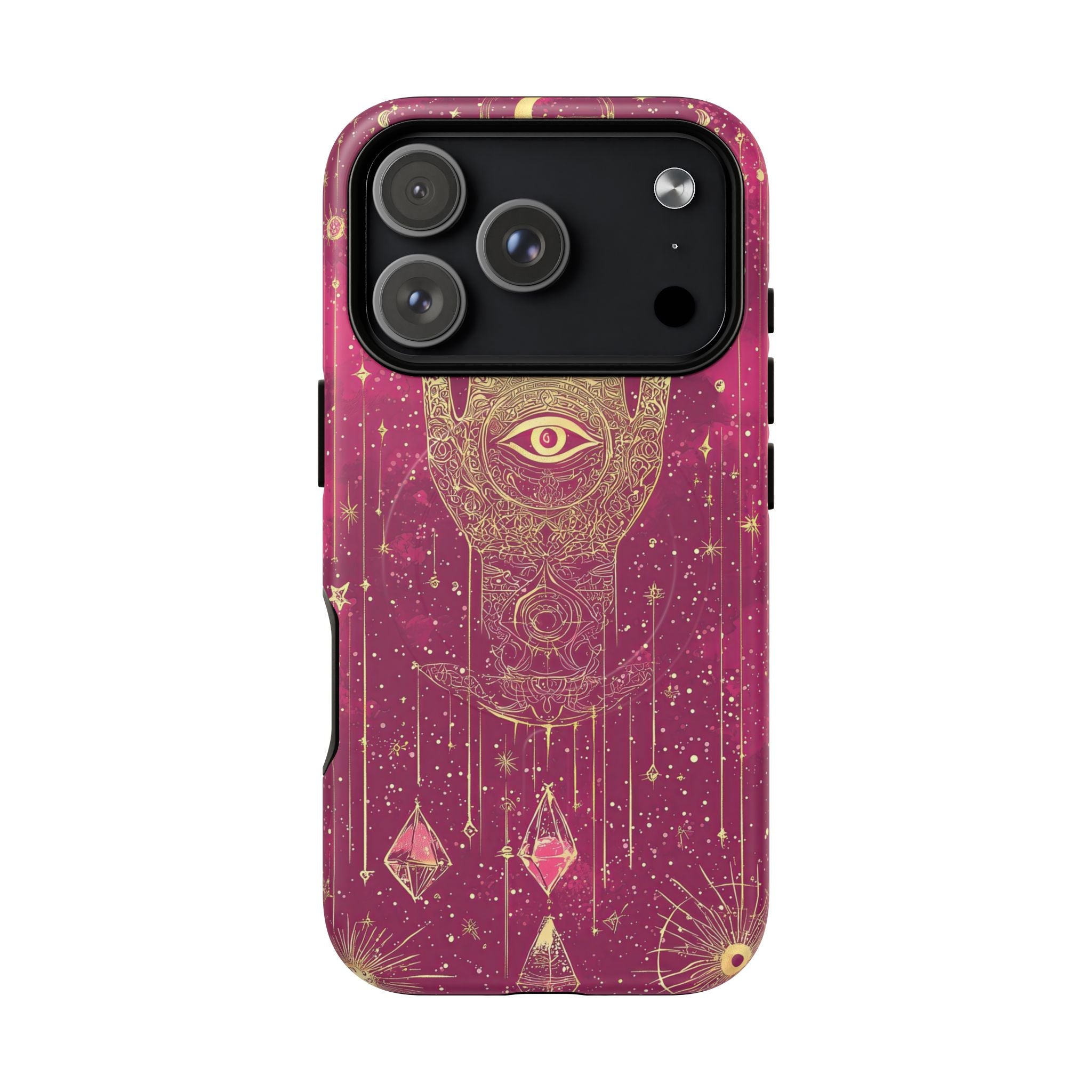 Custodia MagSafe per iPhone Mystic Hamsa | Palma dorata e occhio onniveggente su galassia magenta