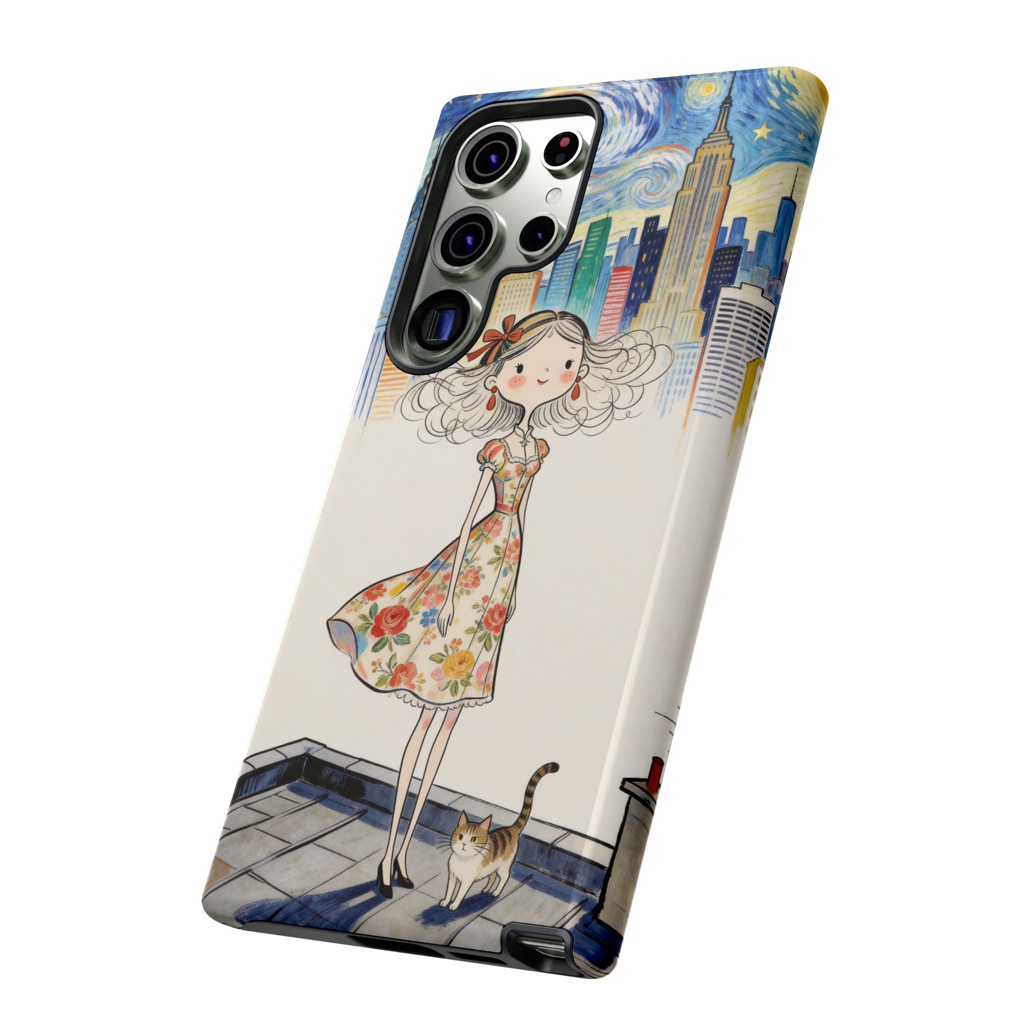 Artistic Girl Cityscape Samsung Galaxy Phone Case | Cute Floral Dress Rooftop Design
