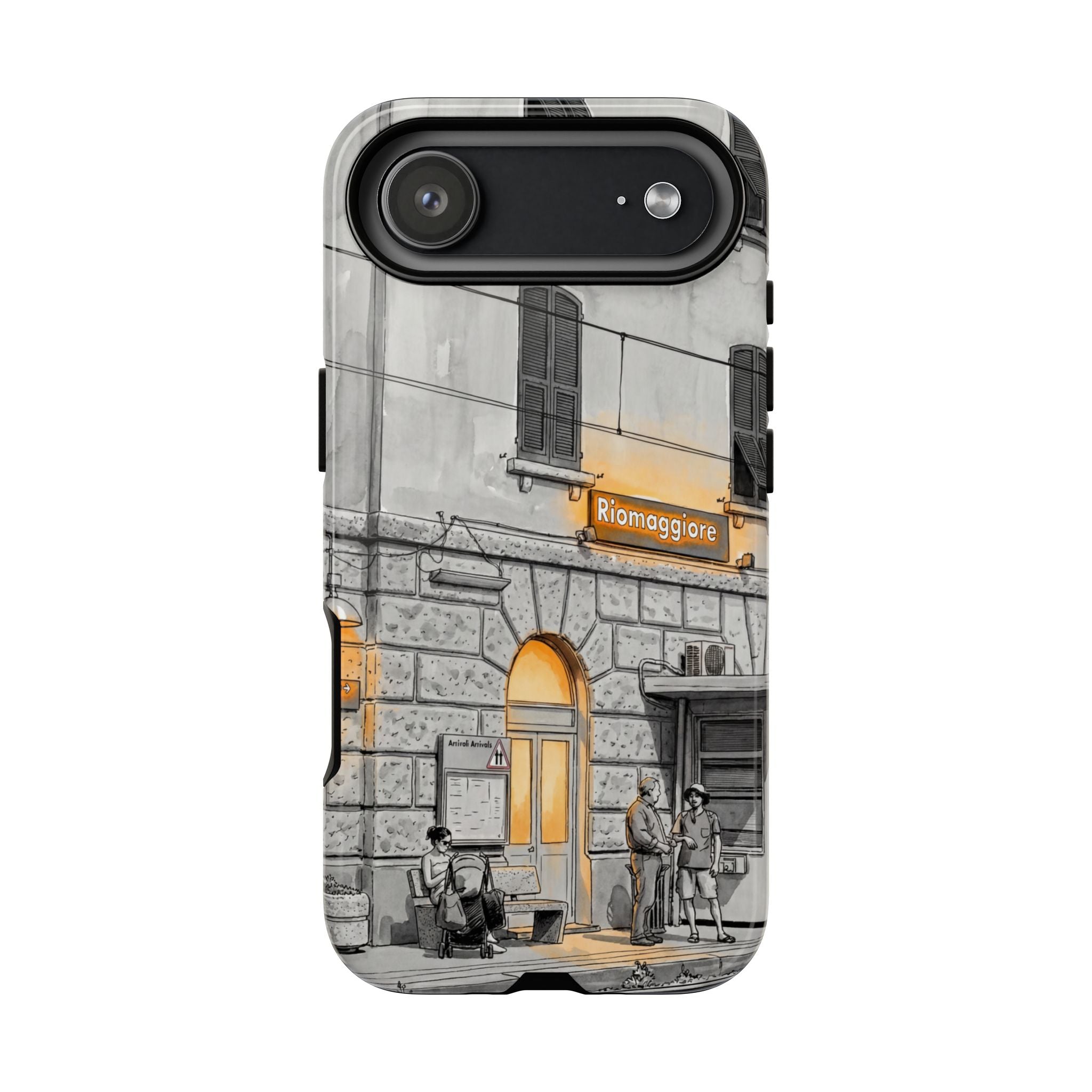 Cinque Terre Train Station iPhone Case | Black & White Sketch with Warm Yellow Accents