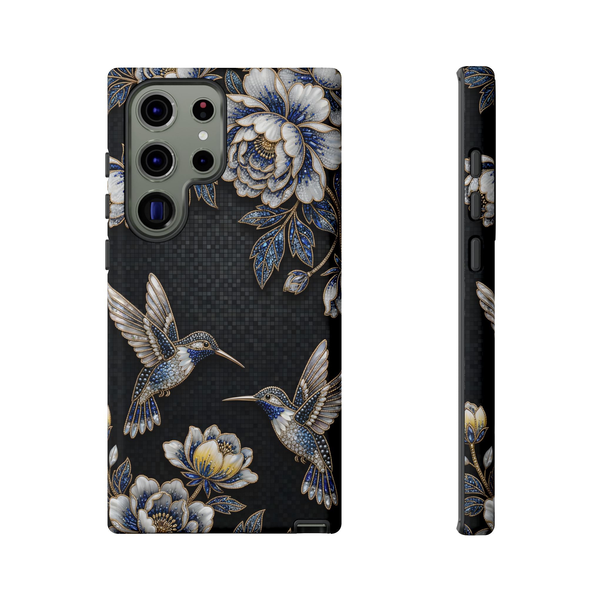 Hummingbird & Peony Floral Samsung Galaxy Phone Case | Elegant Black Protective Cover