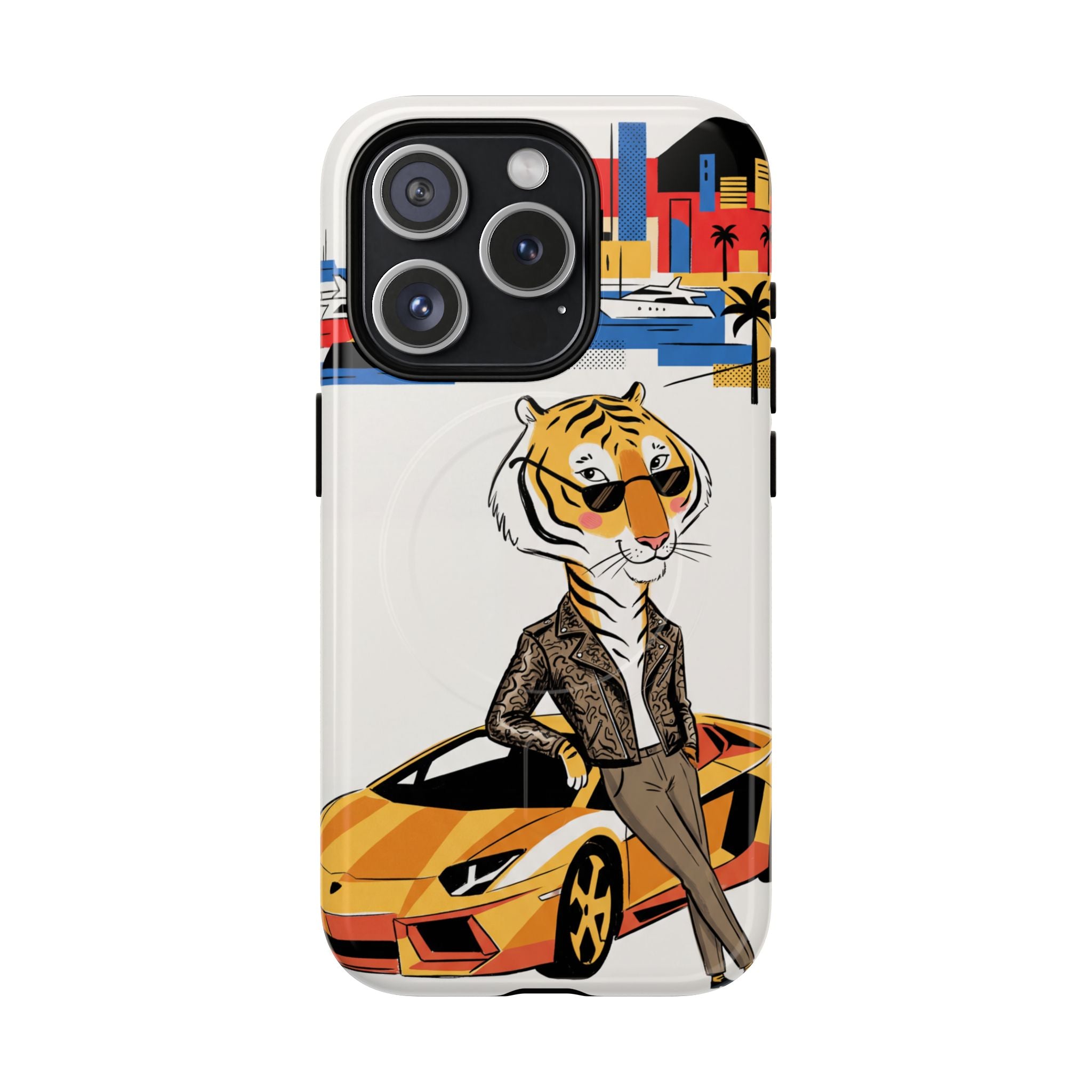 Stylish Tiger with Sports Car Illustration MagSafe iPhone Case