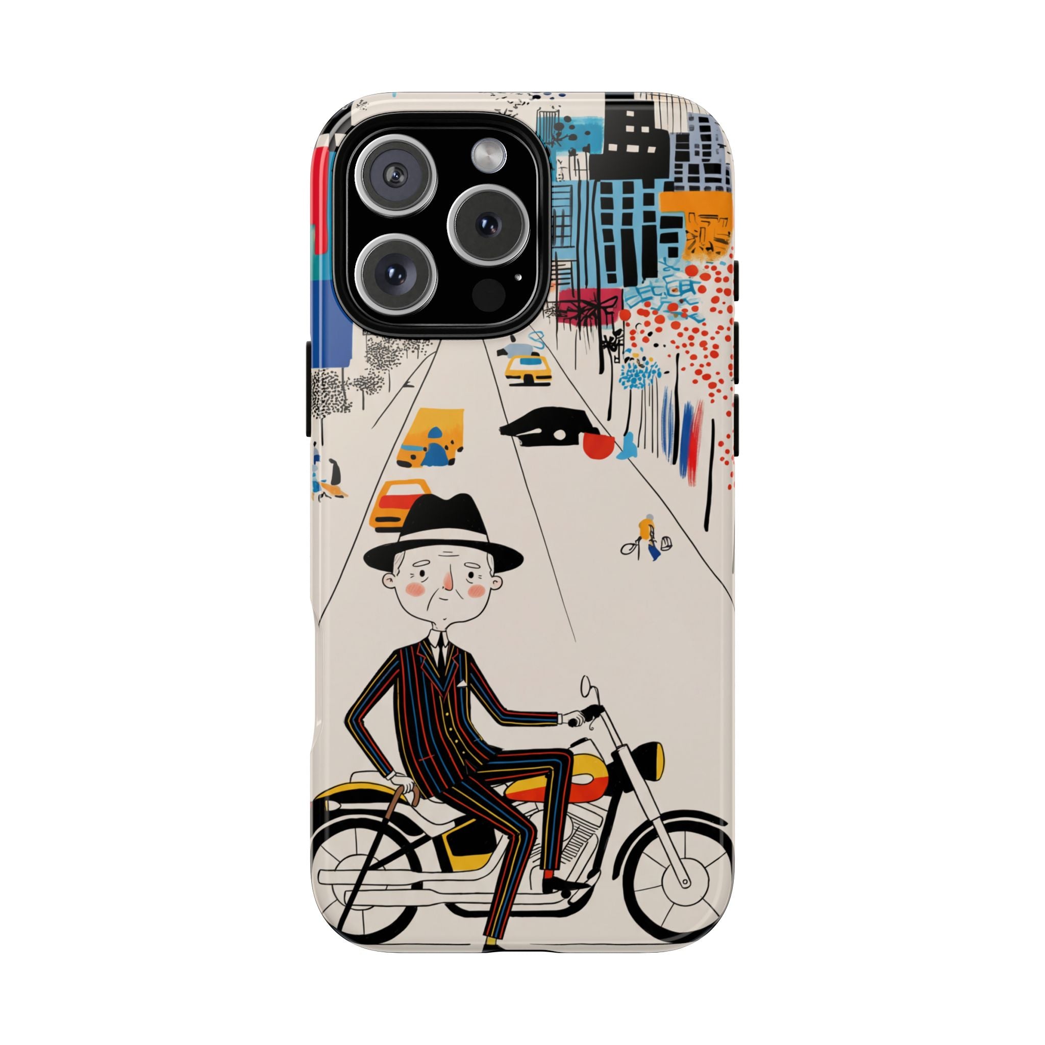 Vintage Grandpa Rider Motorcycle iPhone Case | Illustrated Cityscape