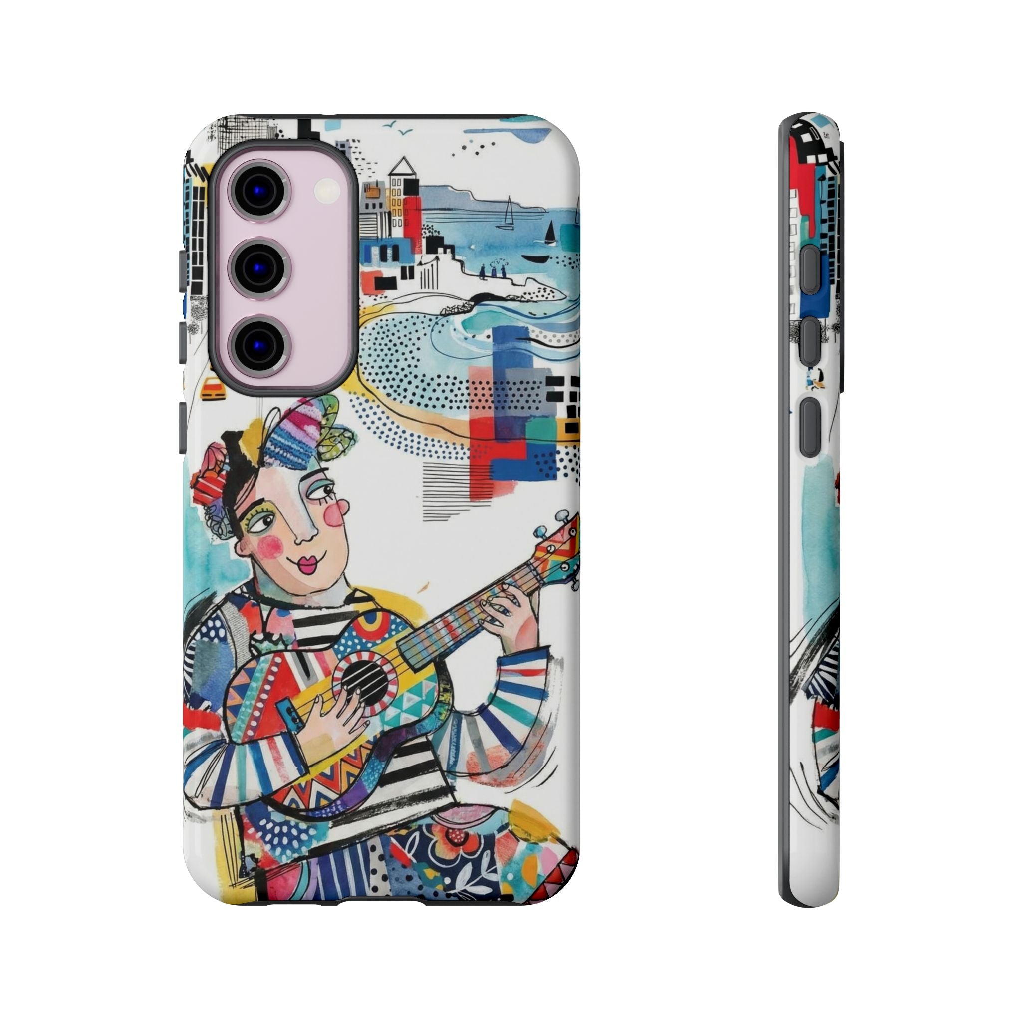 Custodia per Samsung Galaxy per Musicisti Artistici | Custodia Resistente con Chitarra Colorata e Paesaggio Urbano