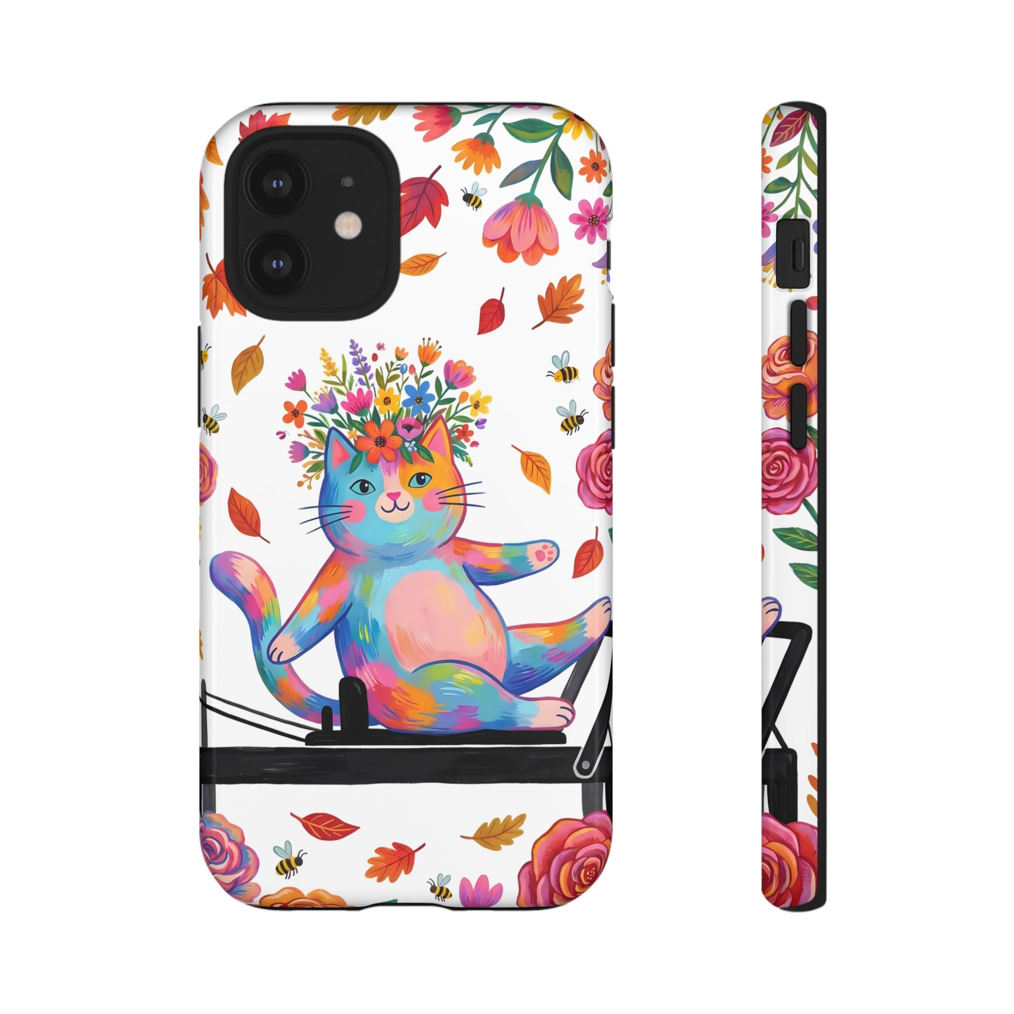Colorful Floral Cat on Pilates Reformer Protective iPhone Case