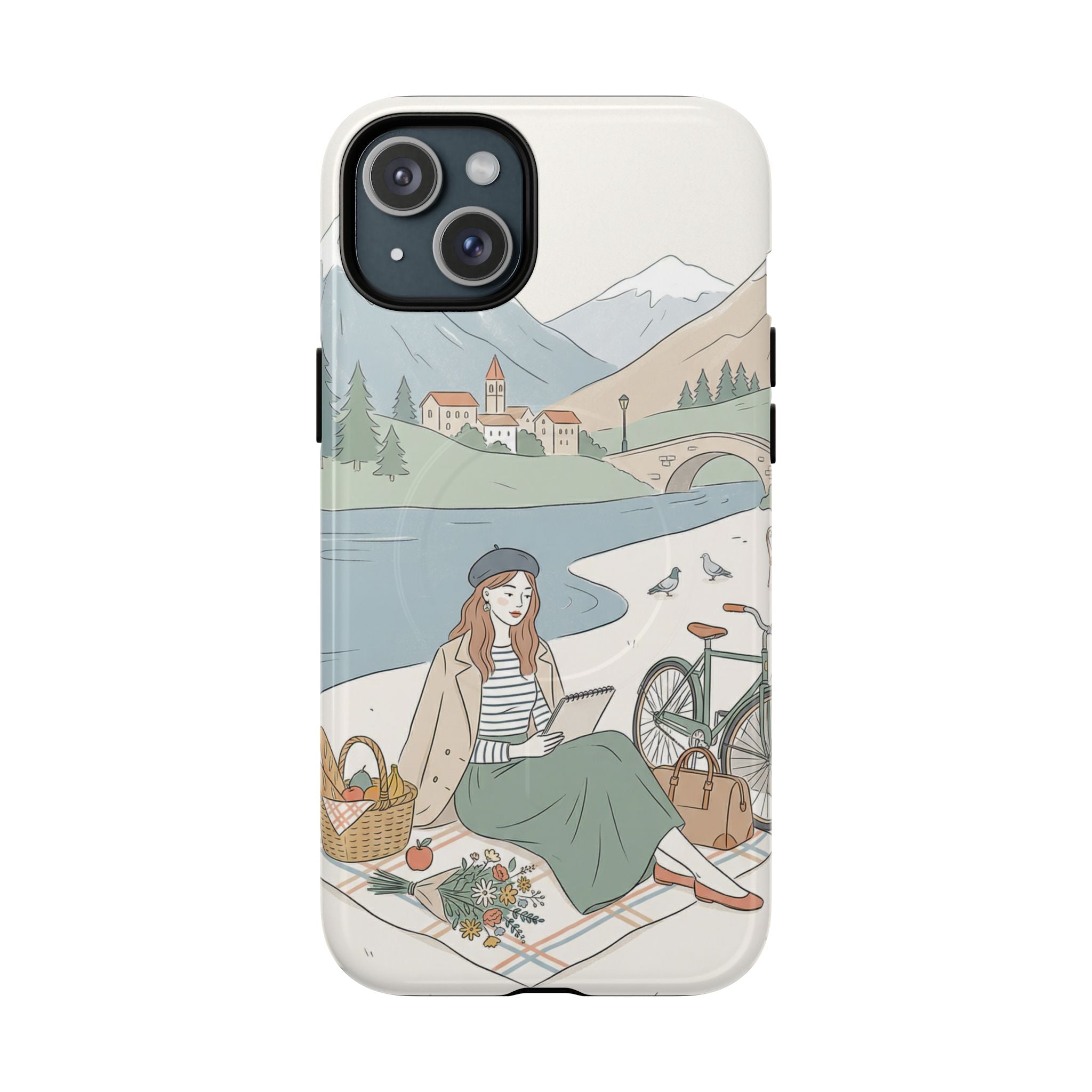 Scenic Picnic MagSafe iPhone Case | Vintage Bicycle & Mountain Illustration