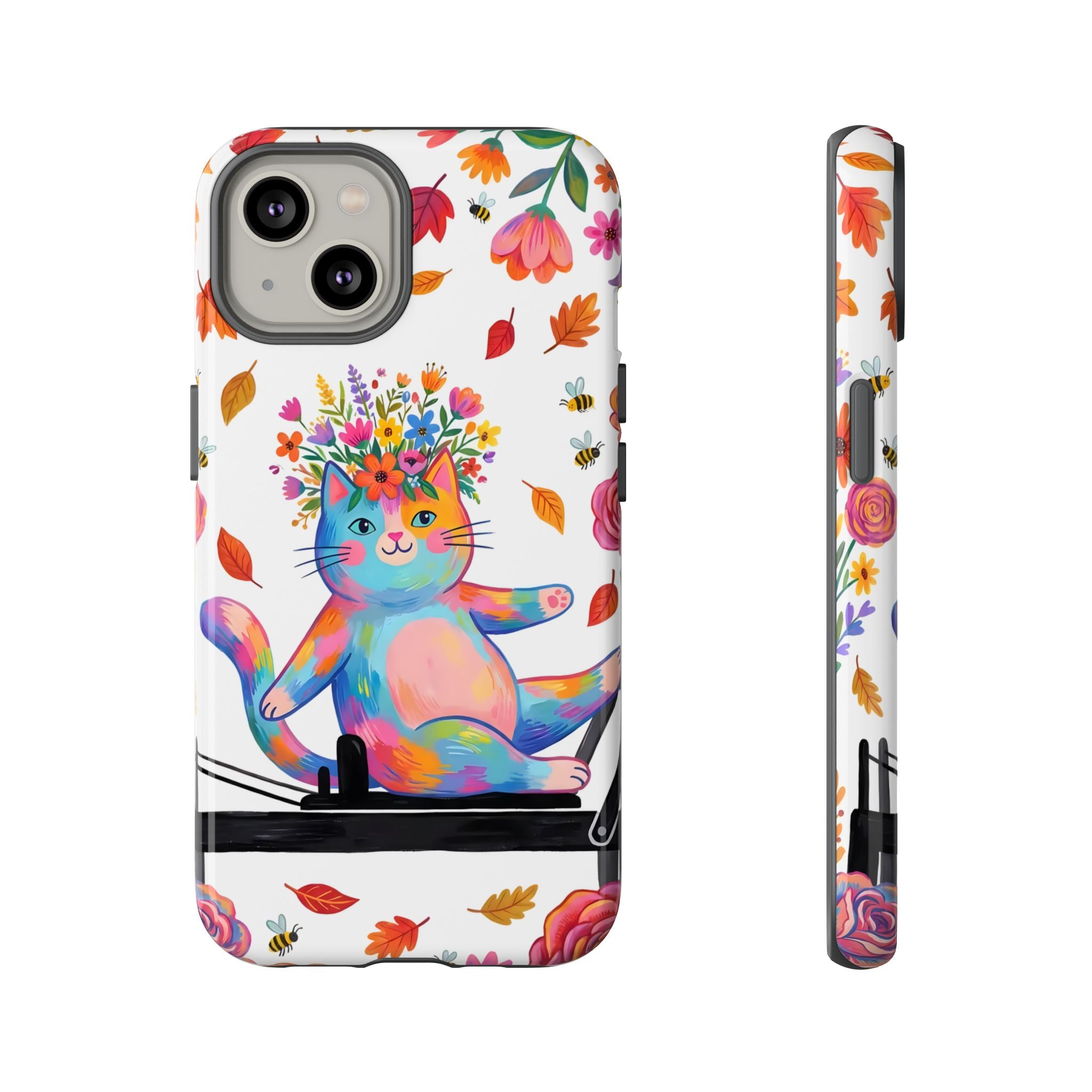 Colorful Floral Cat on Pilates Reformer Protective iPhone Case