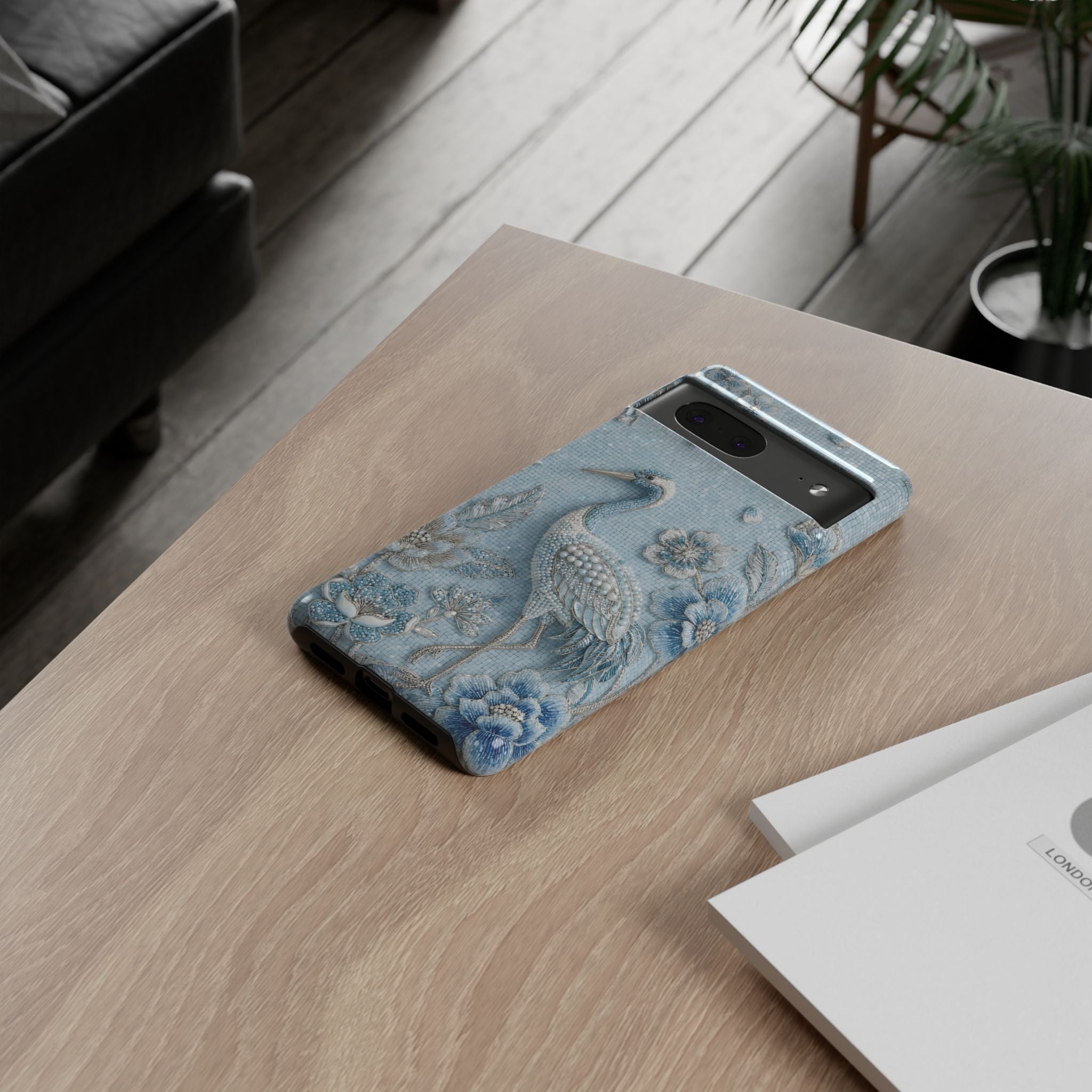 Blue Crane Floral Google Pixel Phone Case | Vintage Embossed Bird Design