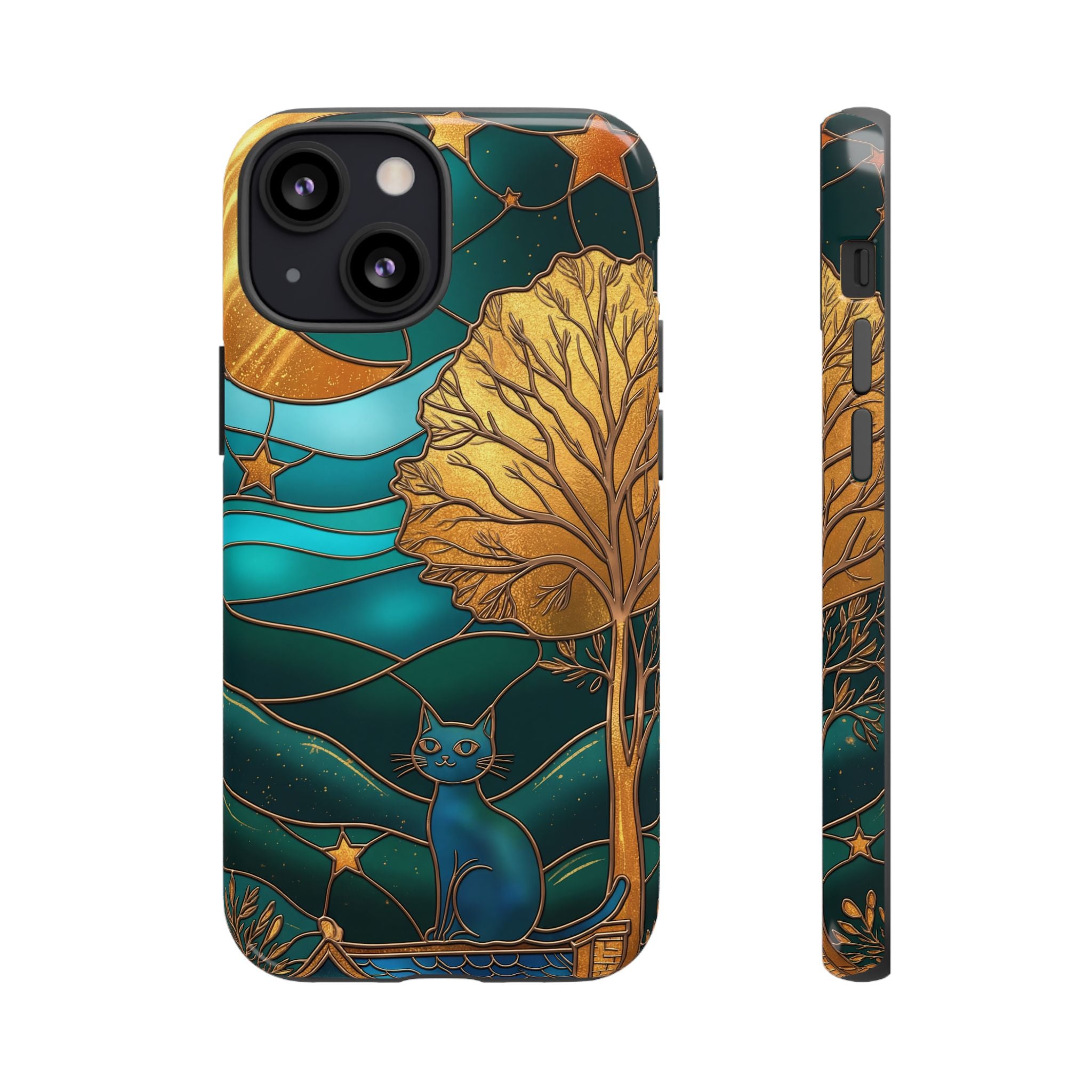 Stained Glass Cat Tough iPhone Case — Gold Tree & Starry Night Design