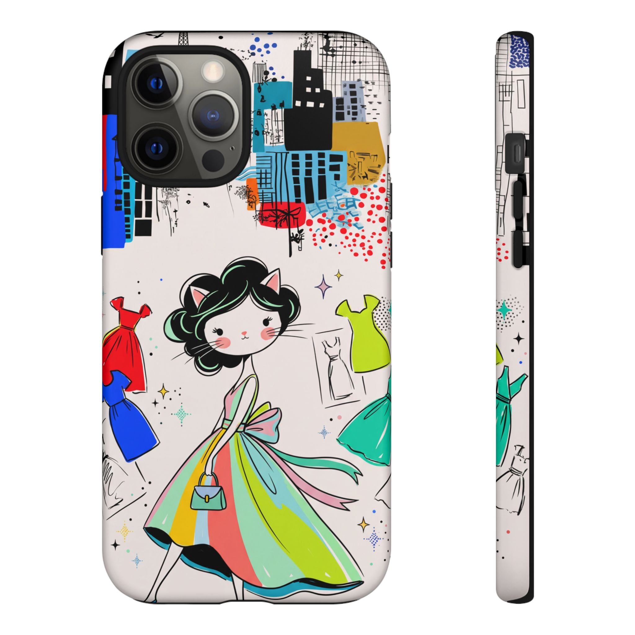 Retro Fashion Cat Girl iPhone Case | Cute Dress & City Print