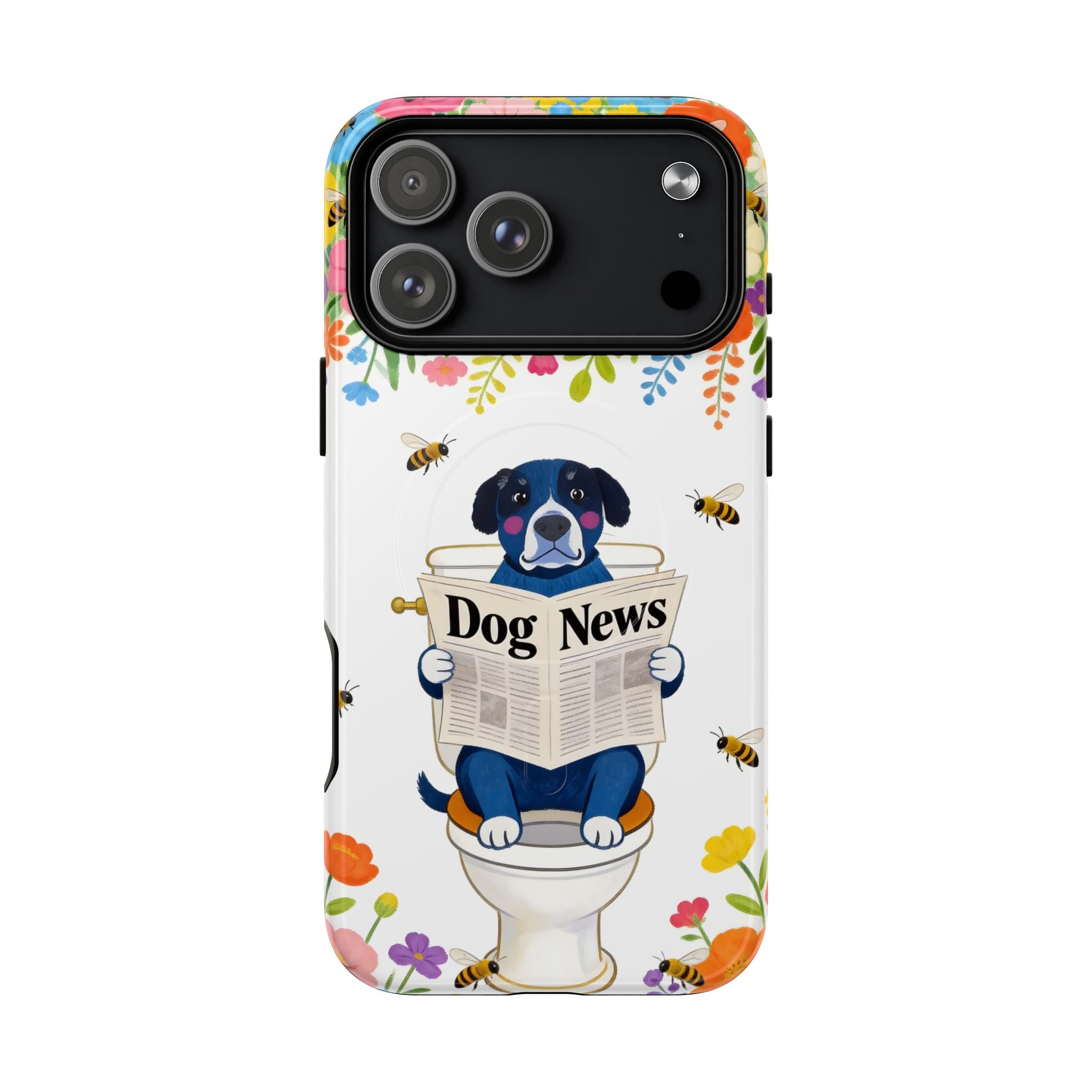 Dog News Floral MagSafe iPhone Case | Cute Dog on Toilet Pattern, Spring Floral iPhone Cover