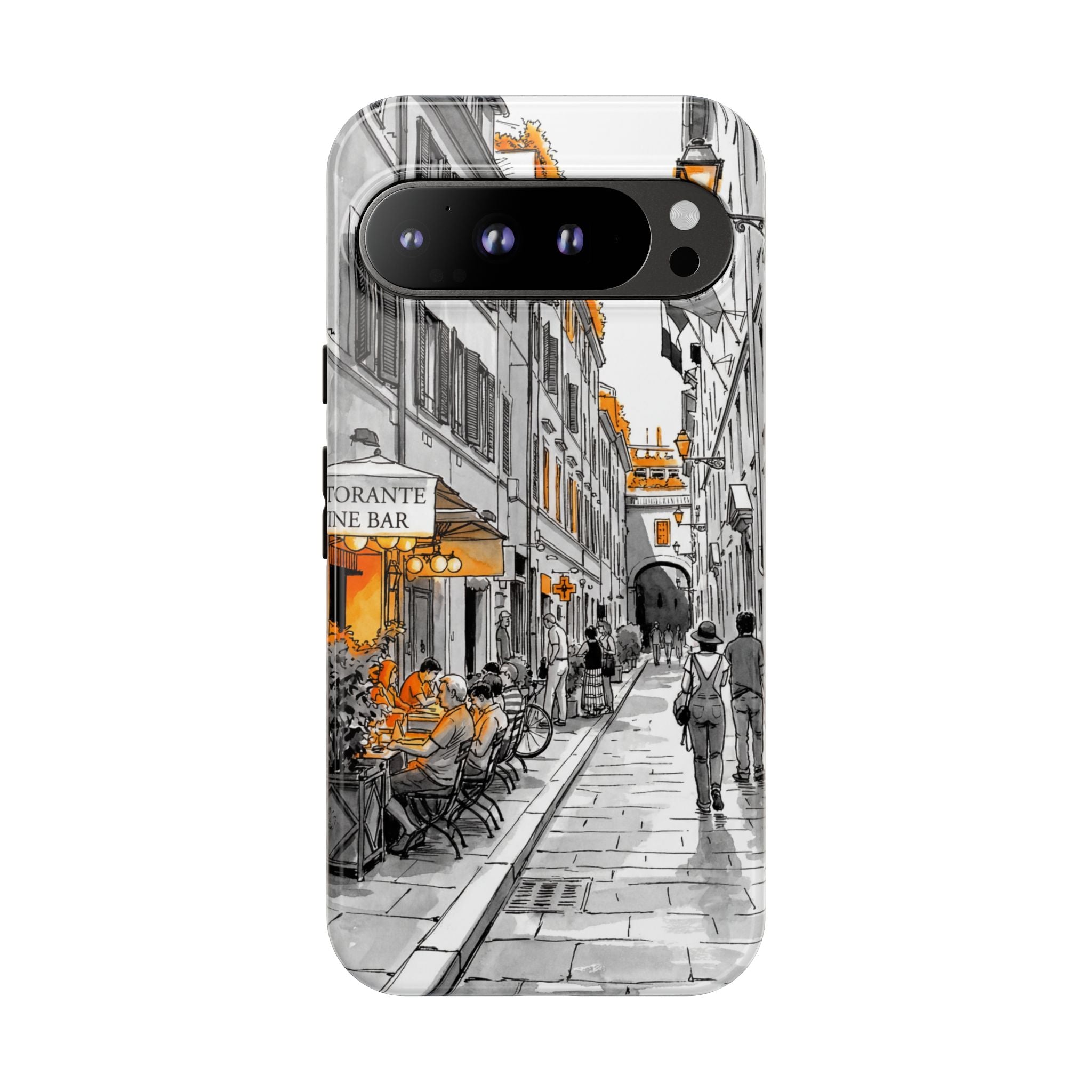 Italy Street Phone Case | Vintage Italian Cafe Sketch with Orange Accents