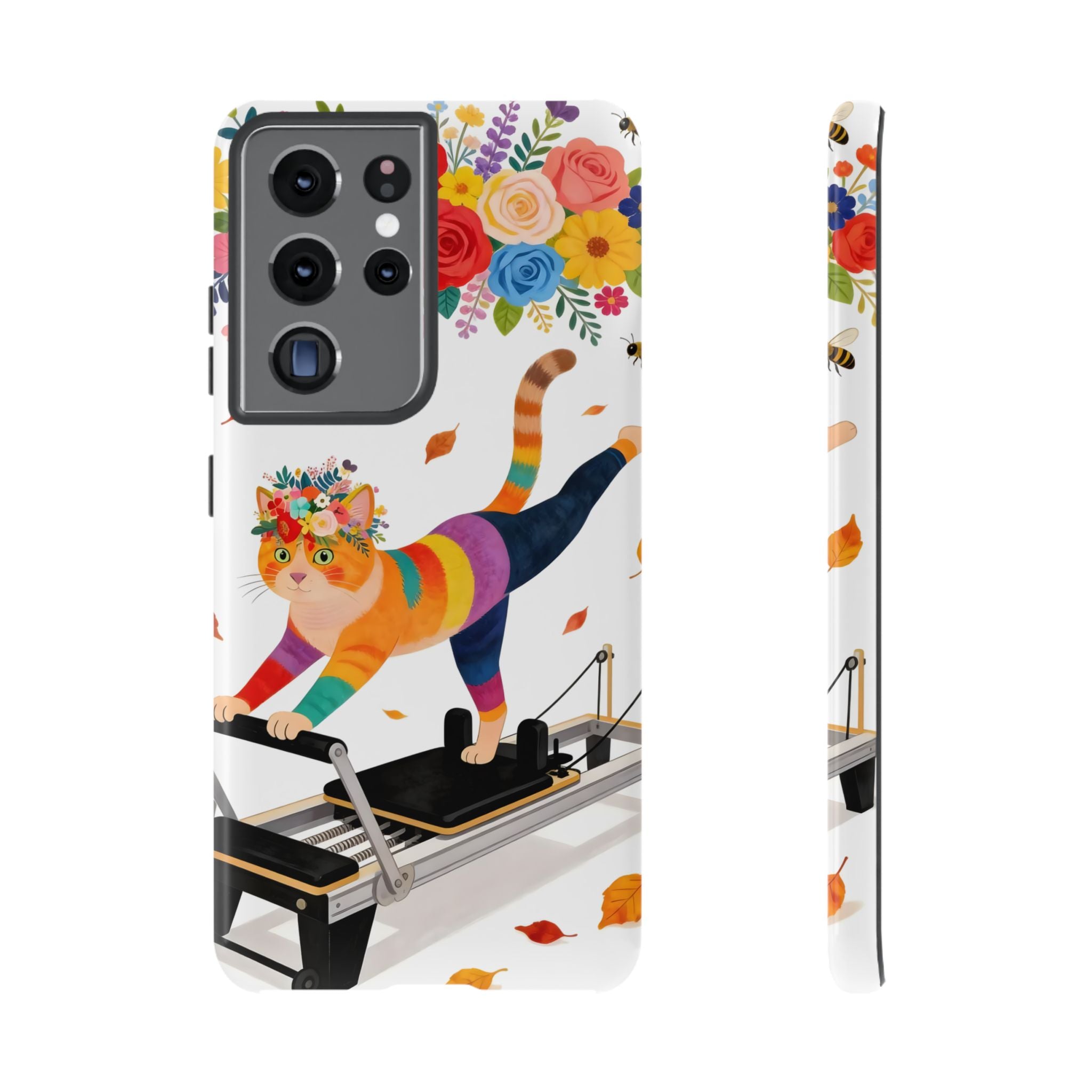 Cat Pilates Samsung Galaxy Phone Case | Floral Rainbow Cat on Reformer
