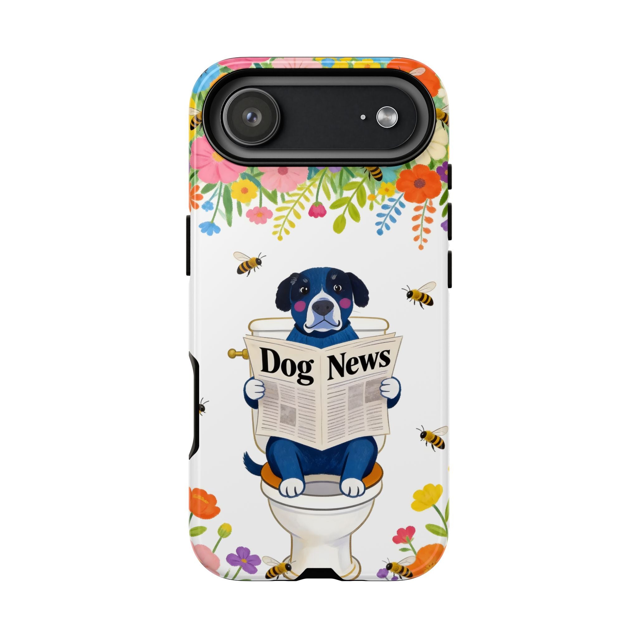Dog News Floral iPhone Case | Cute Dog on Toilet Pattern, Spring Floral iPhone Cover