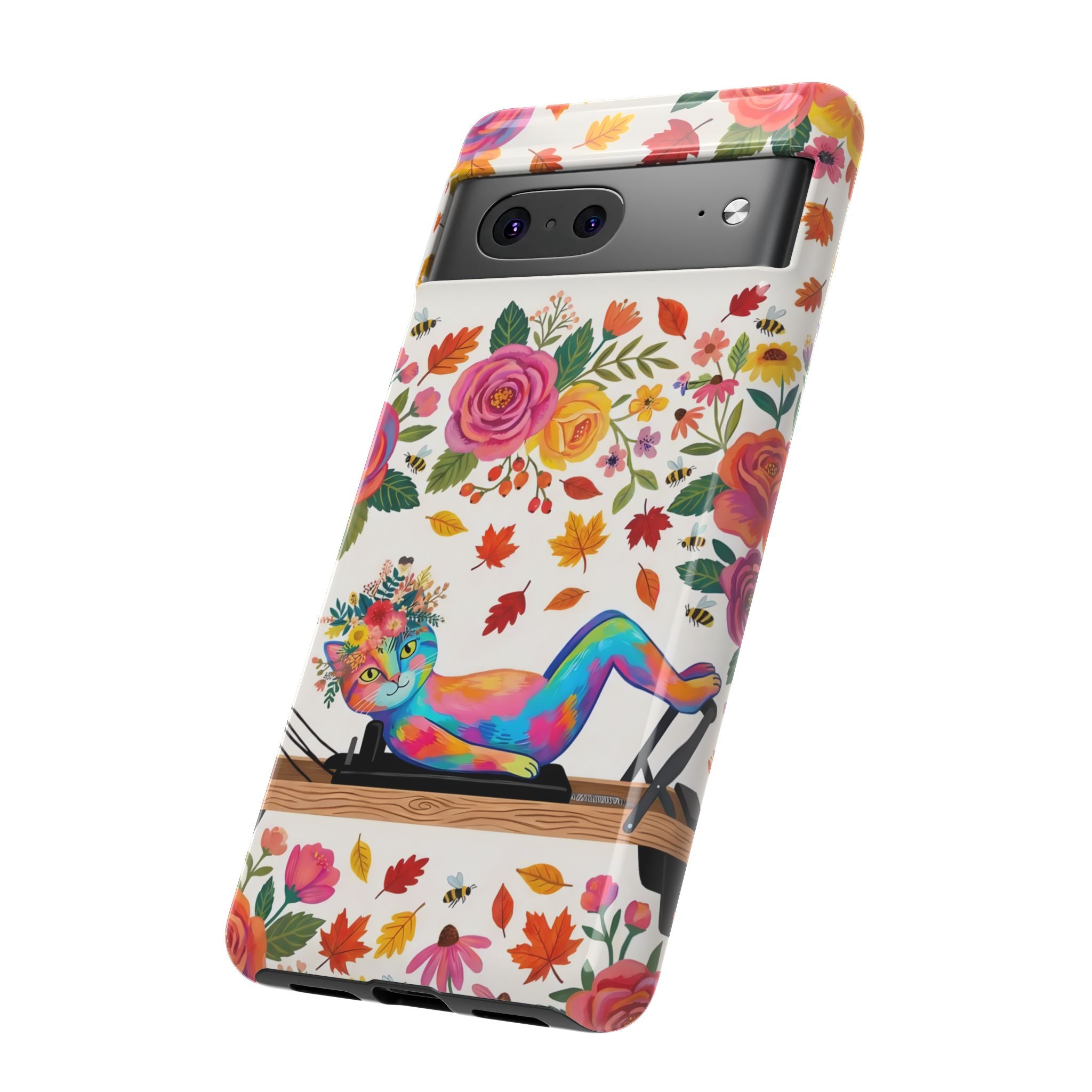 Autumn Floral Pilates Google Pixel Phone Case | Colorful Rainbow Pilates Cat on Falling Leaves