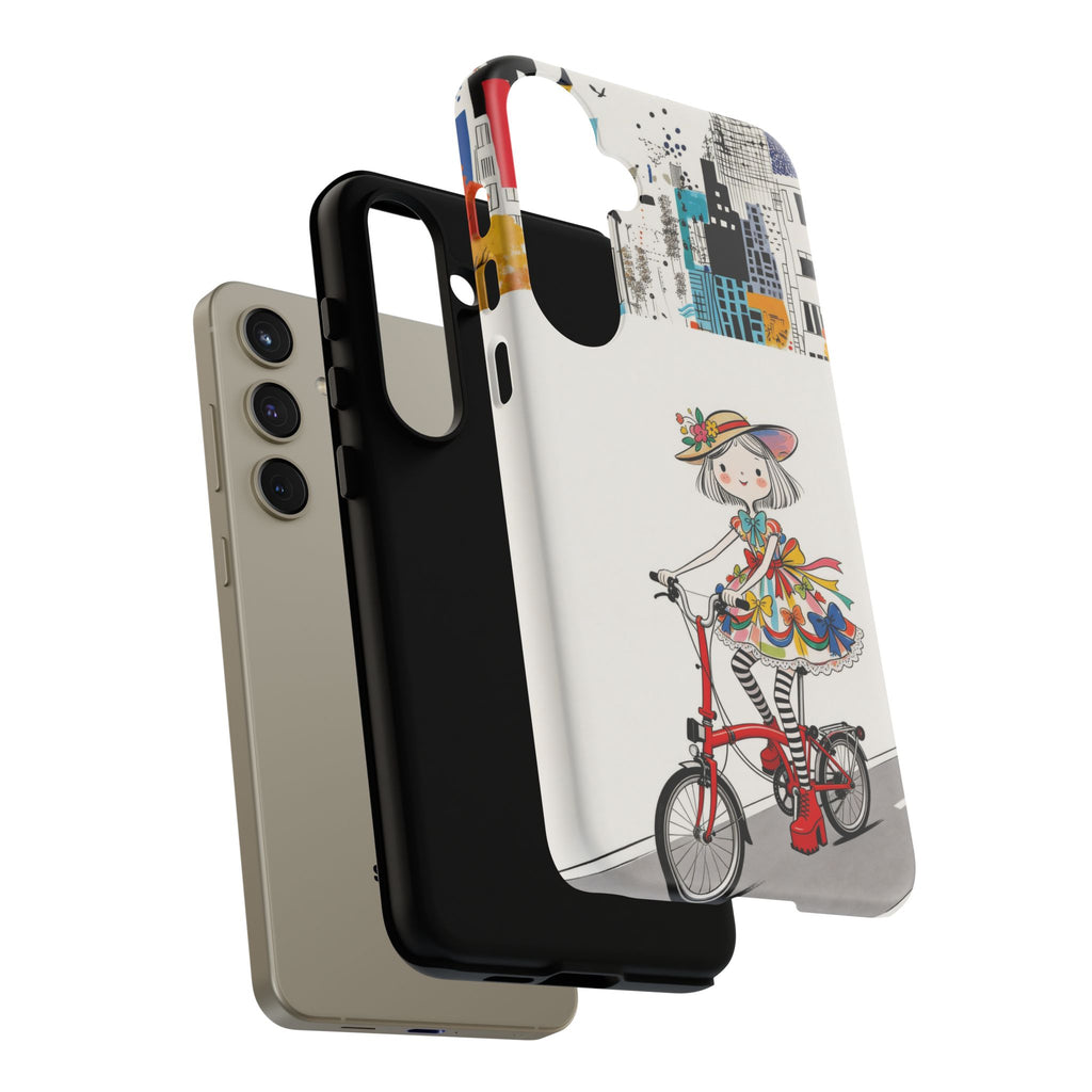 Whimsical Girl on Brompton Bicycle Urban Illustration Samsung Galaxy Phone Case