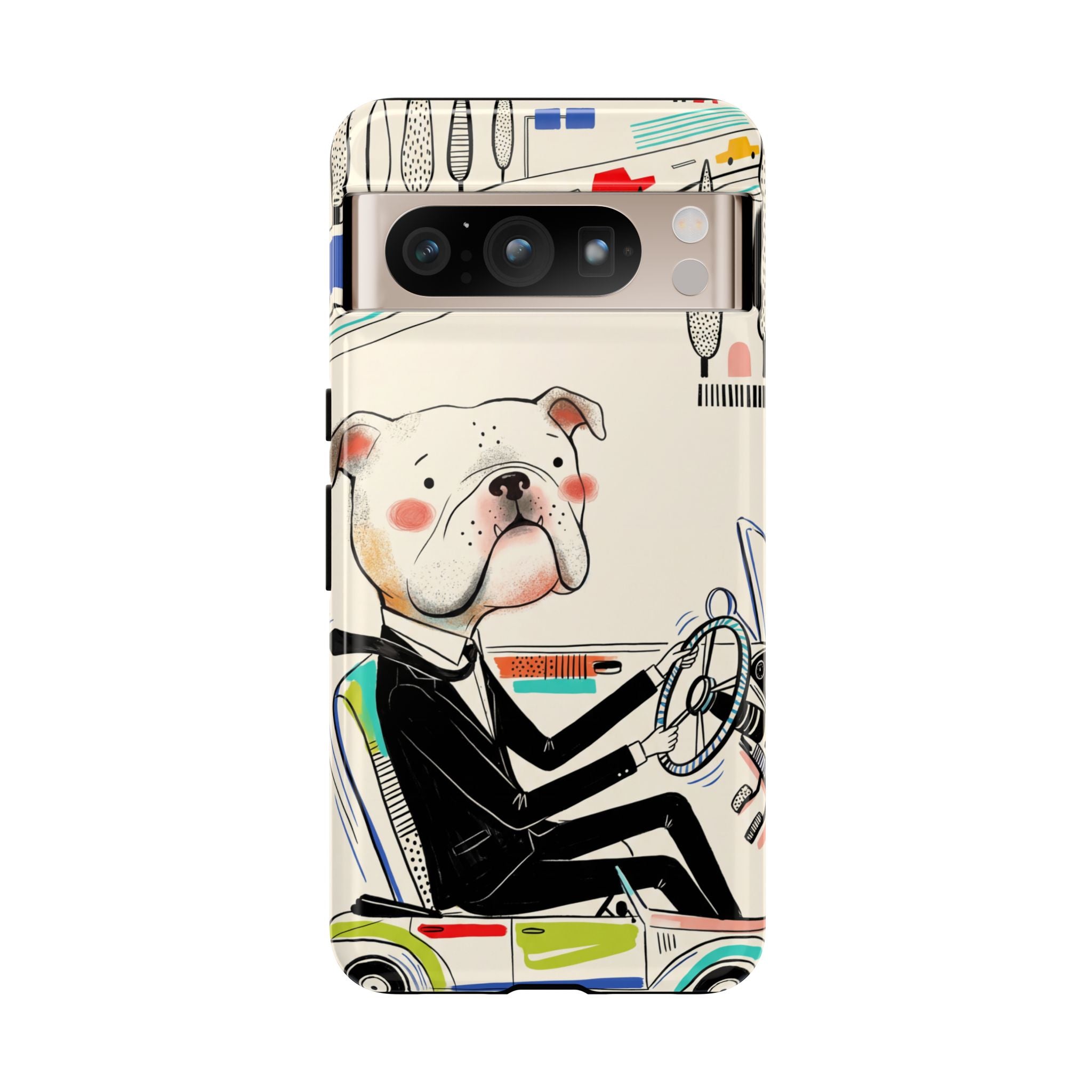 Bulldog Driver Google Pixel Phone Case | Cute Retro Dog Illustration