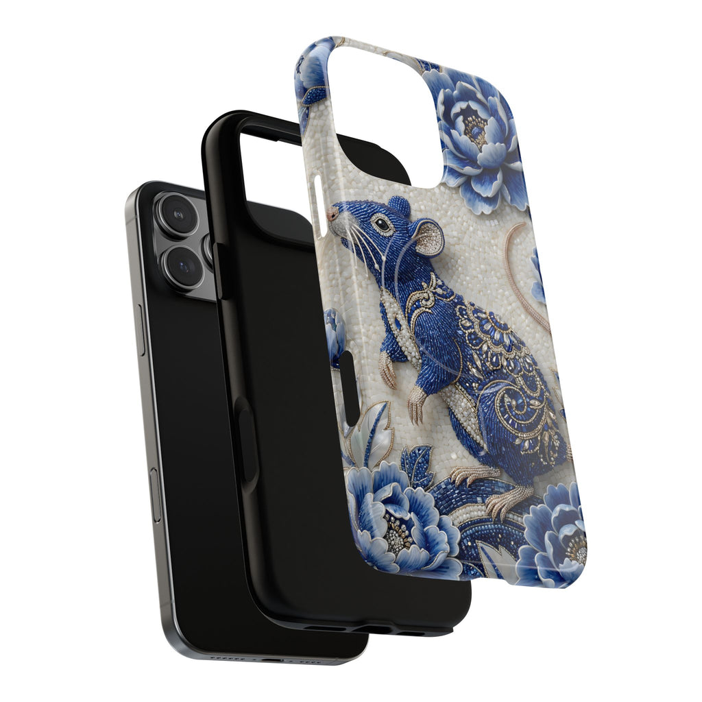 Cover MagSafe per iPhone con Ratto Zodiaco Cinese | Cover Protettiva Sottile per iPhone con Arte in Porcellana Blu e Bianca | Regalo Anno del Ratto