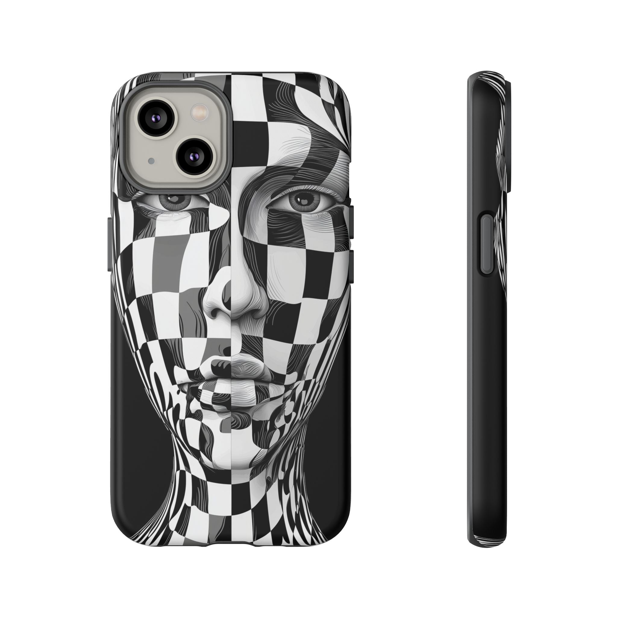 Checkerboard Face Tough iPhone Case — Black & White Surreal Art Protective Cover