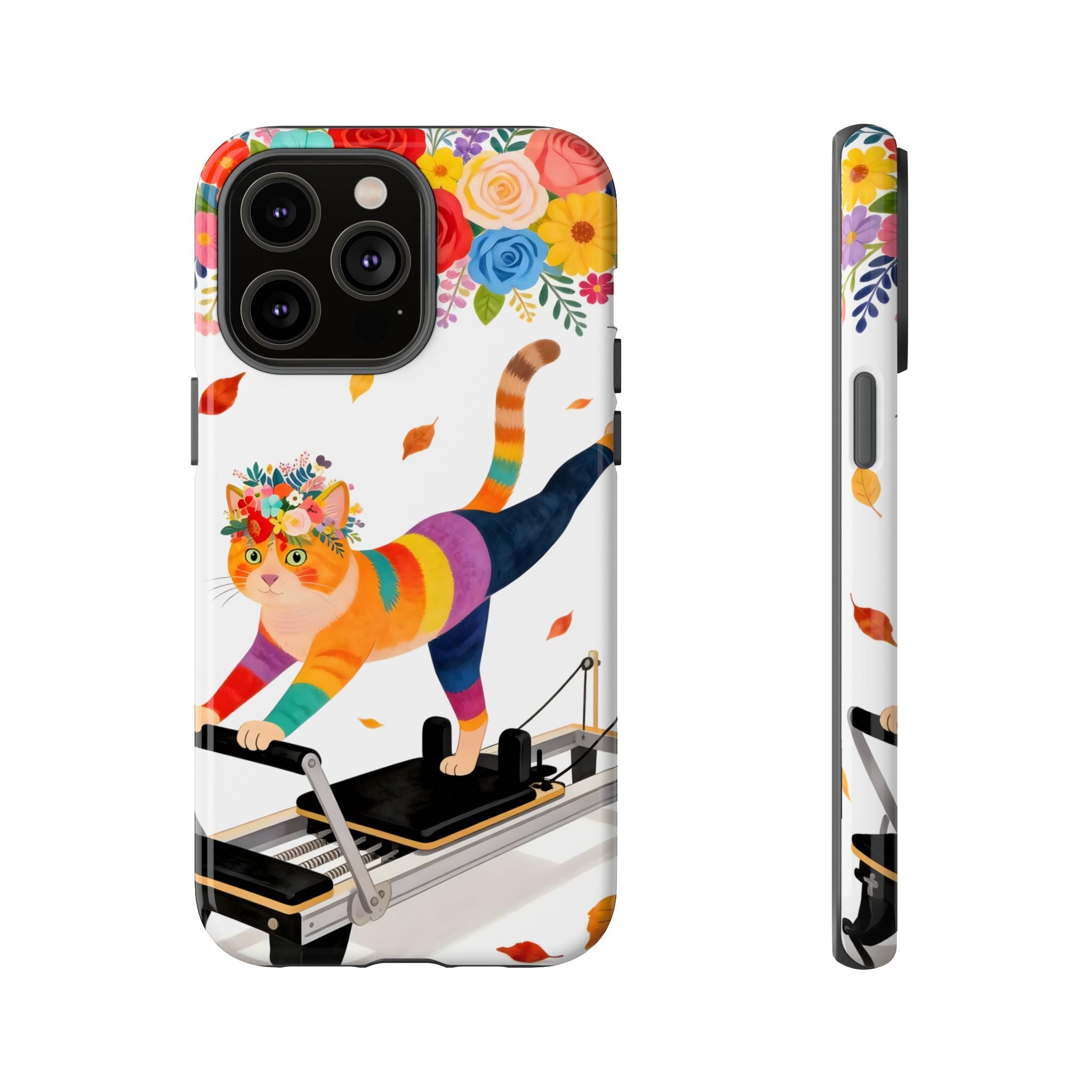 Cat Pilates iPhone Case | Floral Rainbow Cat on Reformer
