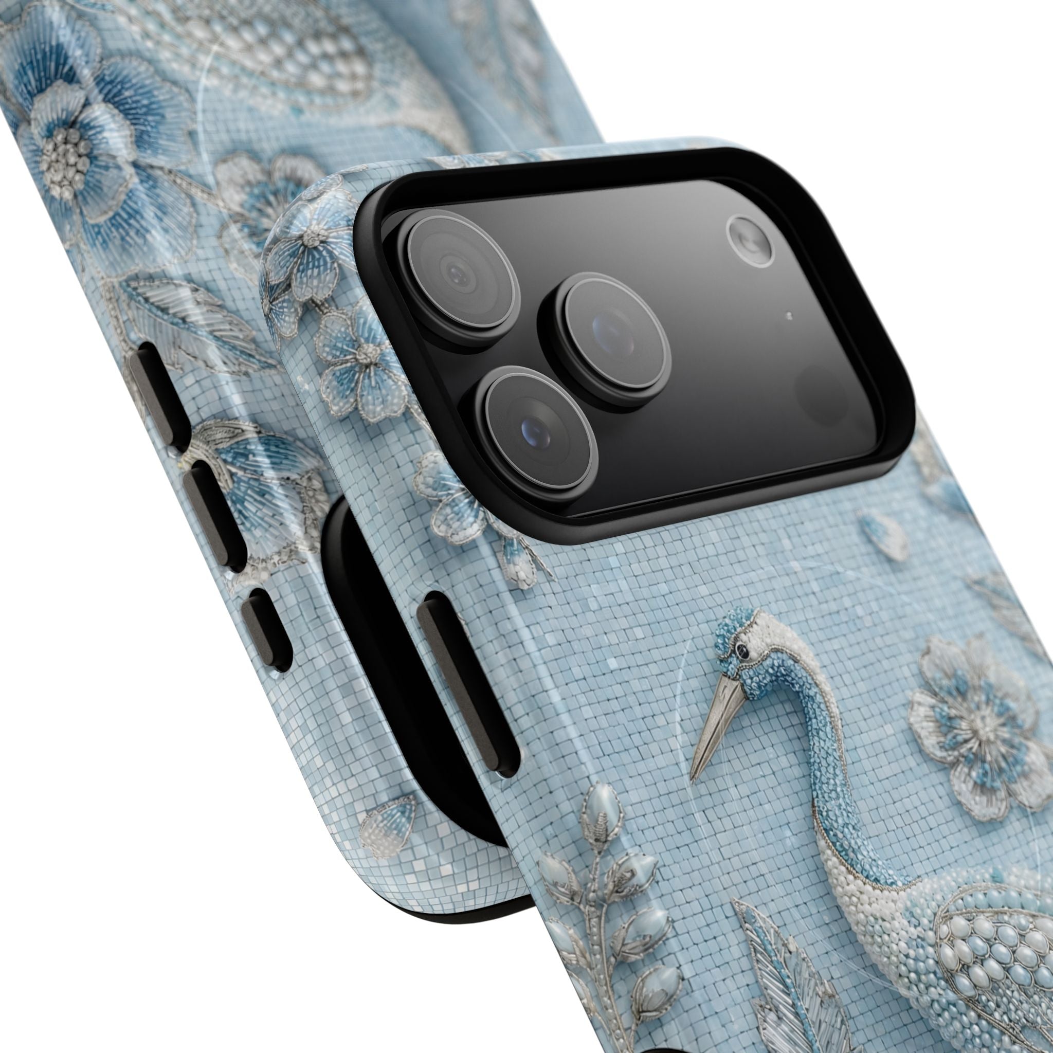 Blue Crane Floral MagSafe iPhone Case | Vintage Embossed Bird Design