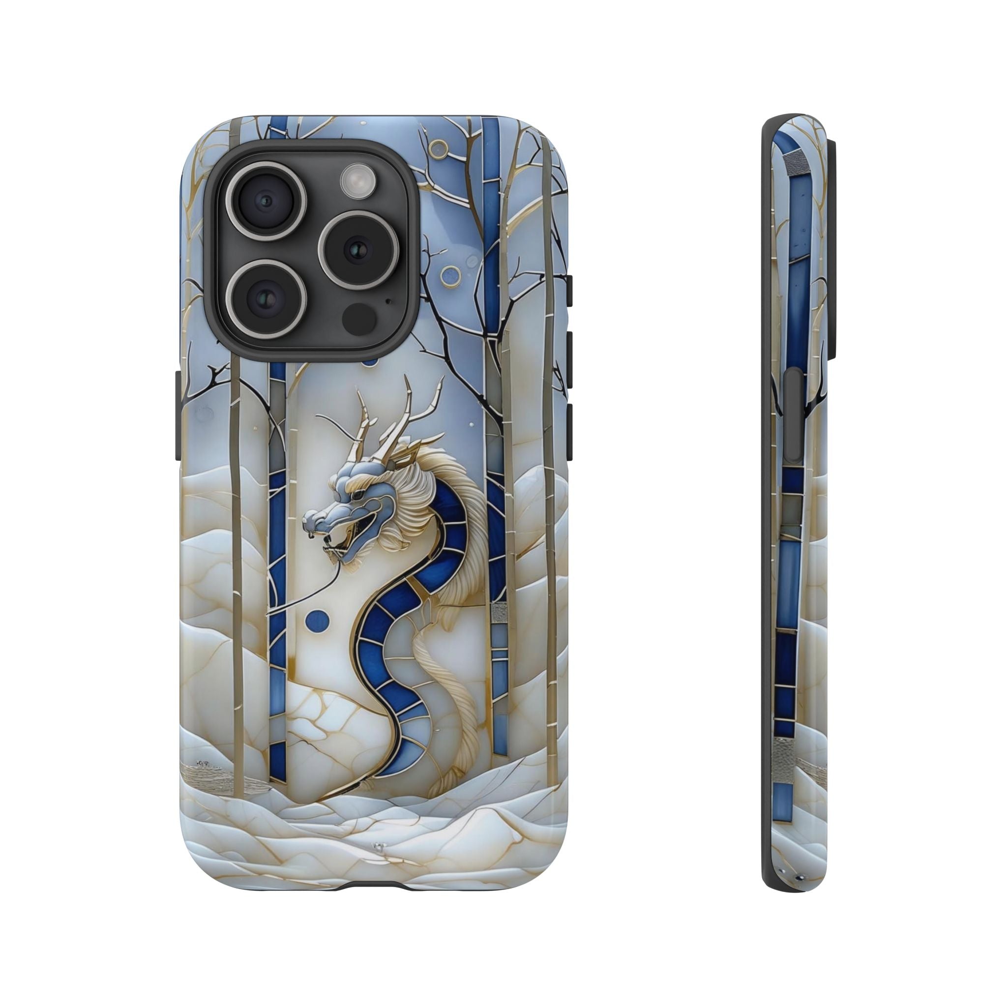 Dragon Stained Glass iPhone Case — Blue Winter Forest Protective Cover