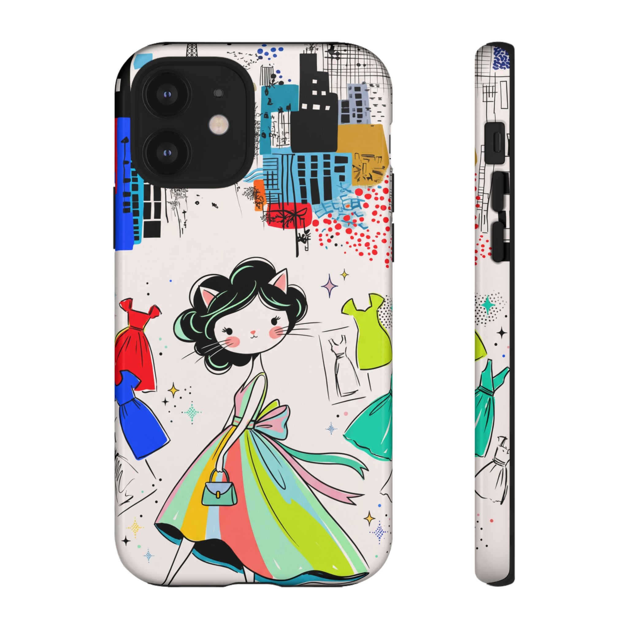 Retro Fashion Cat Girl iPhone Case | Cute Dress & City Print