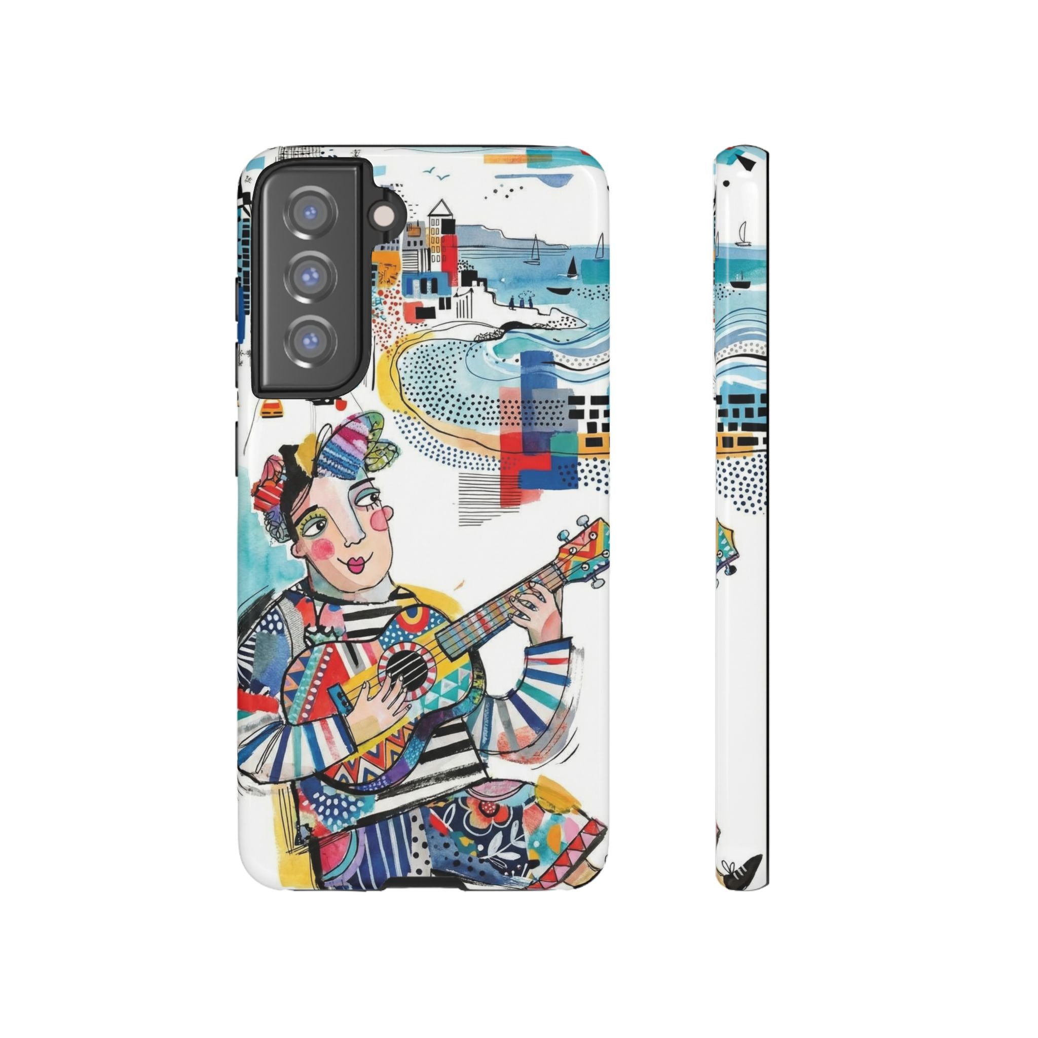 Custodia per Samsung Galaxy per Musicisti Artistici | Custodia Resistente con Chitarra Colorata e Paesaggio Urbano