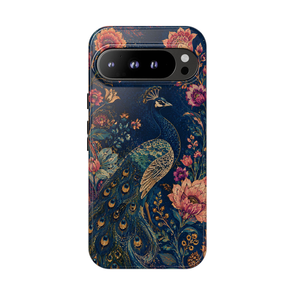 Peacock Floral Tough Google Pixel Phone Case | Antique Indigo Gold Art Cover