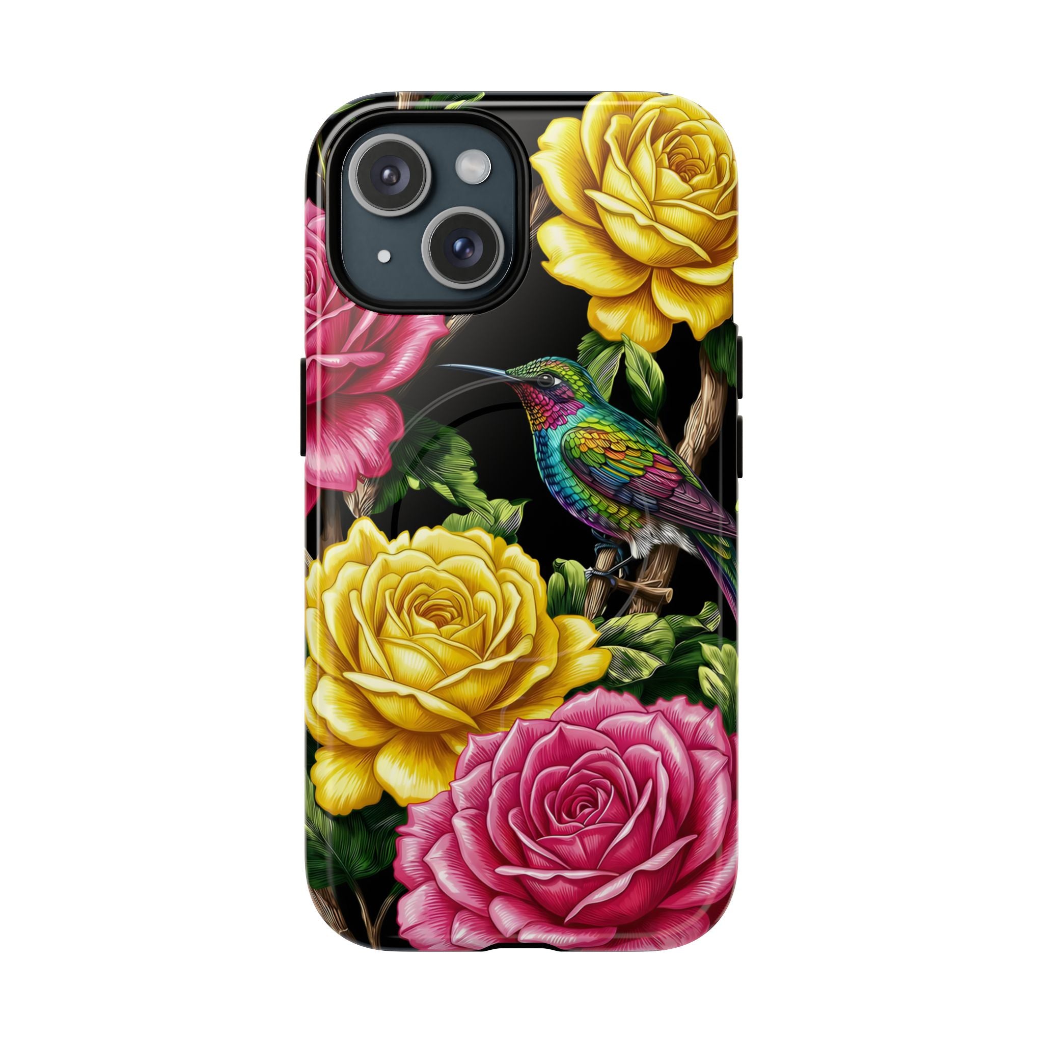 Floral Hummingbird Tough MagSafe iPhone Case | Vibrant Rose & Yellow Garden Protection