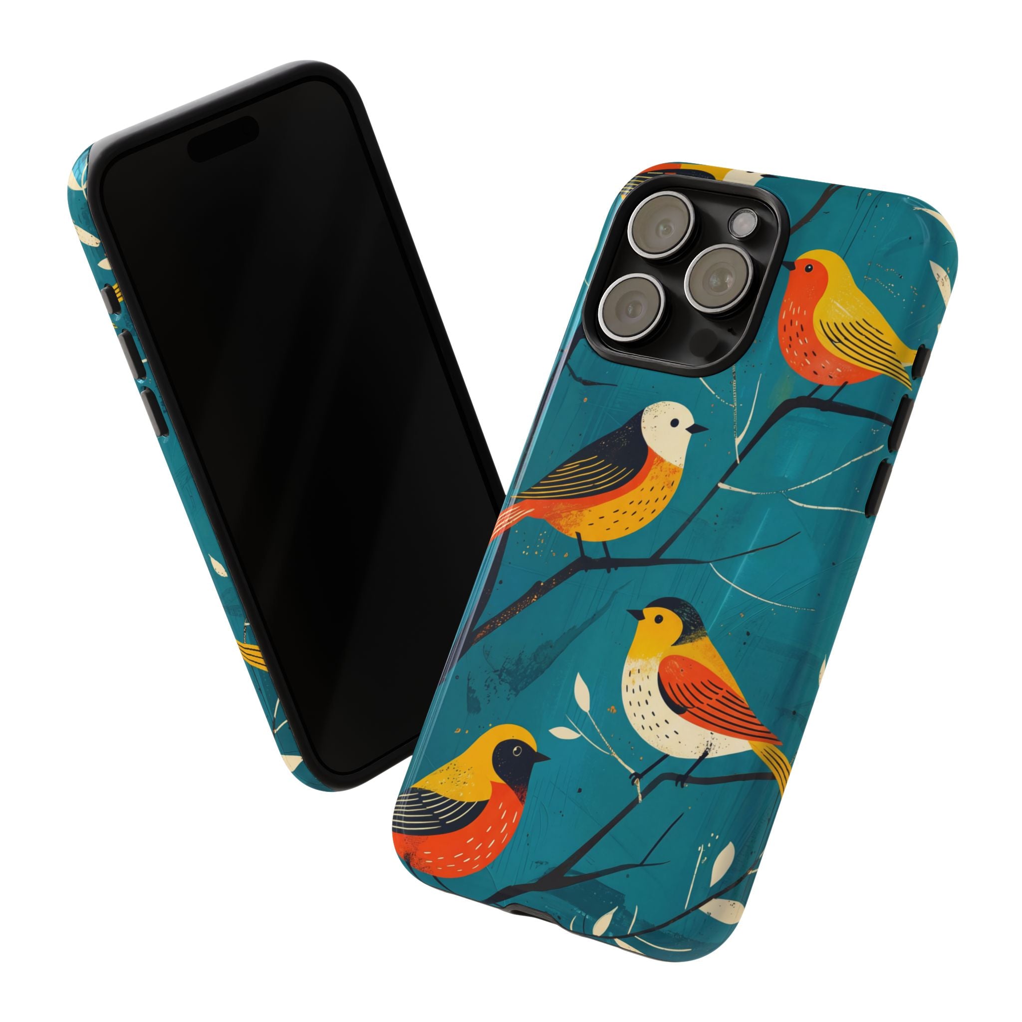 Bird Pattern Tough iPhone Case | Colourful Songbirds on Teal Background