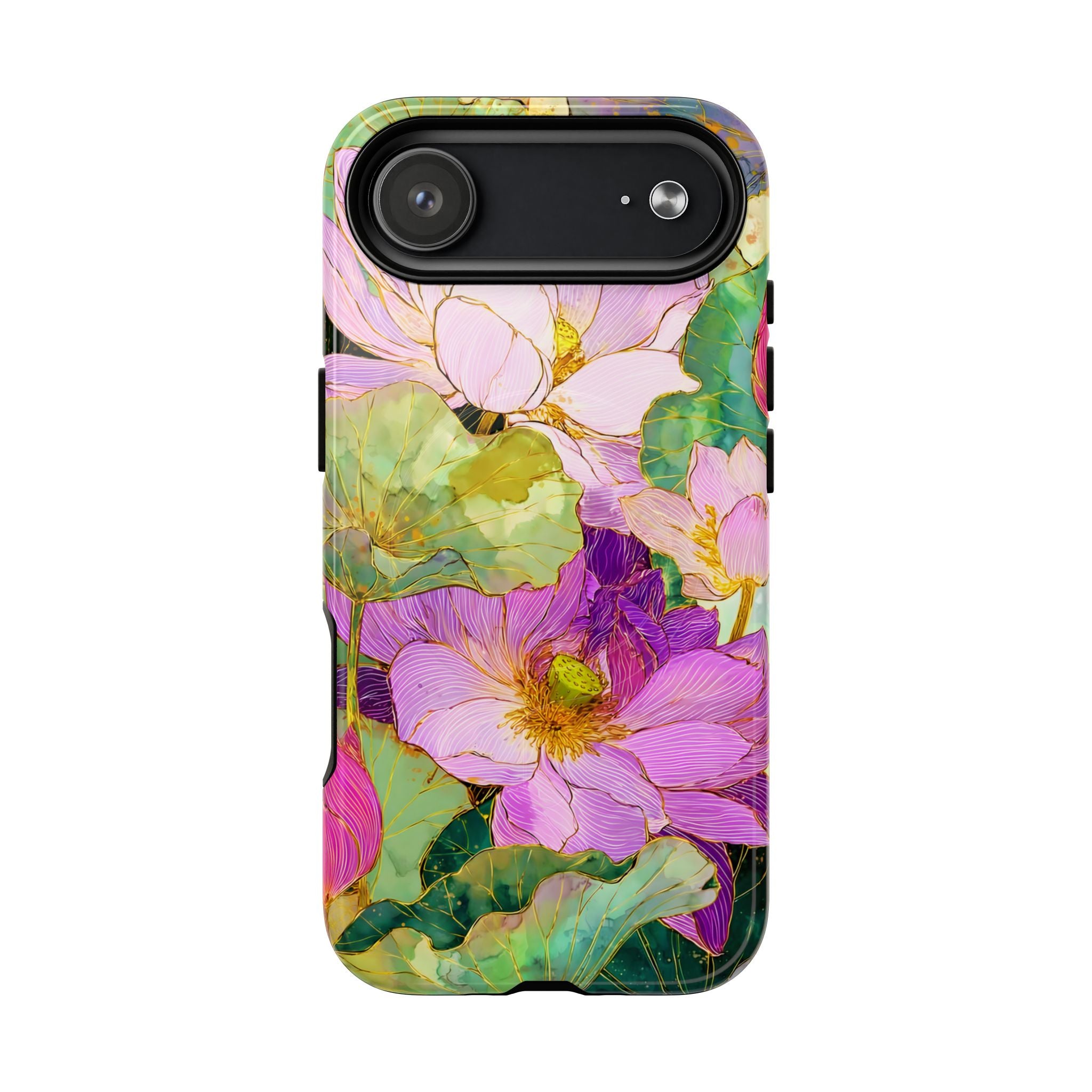 Floral Watercolor Tough MagSafe iPhone Case | Pink Lotus Garden Protective Cover