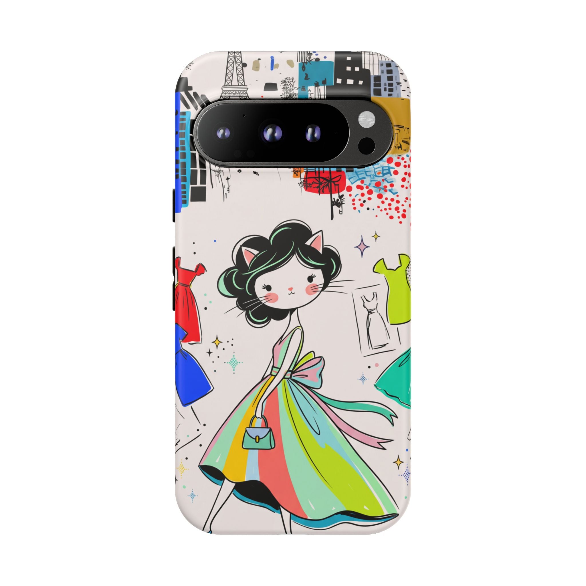 Retro Fashion Cat Girl Google Pixel Phone Case | Cute Dress & City Print