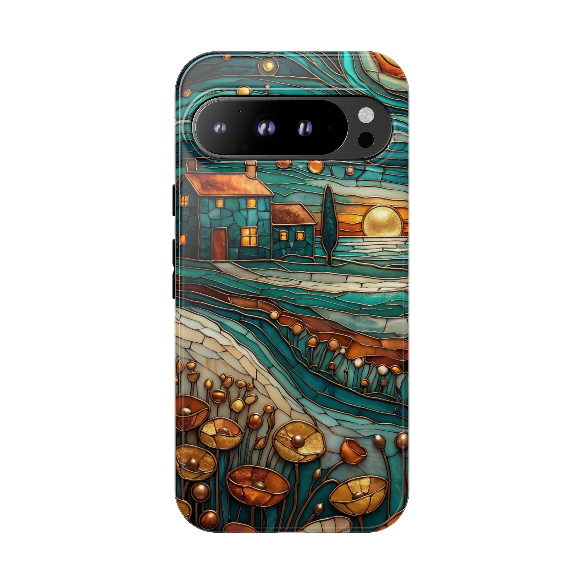 Artistic Sunset Cottage Google Pixel Case | Whimsical Floral Landscape Protective Cover