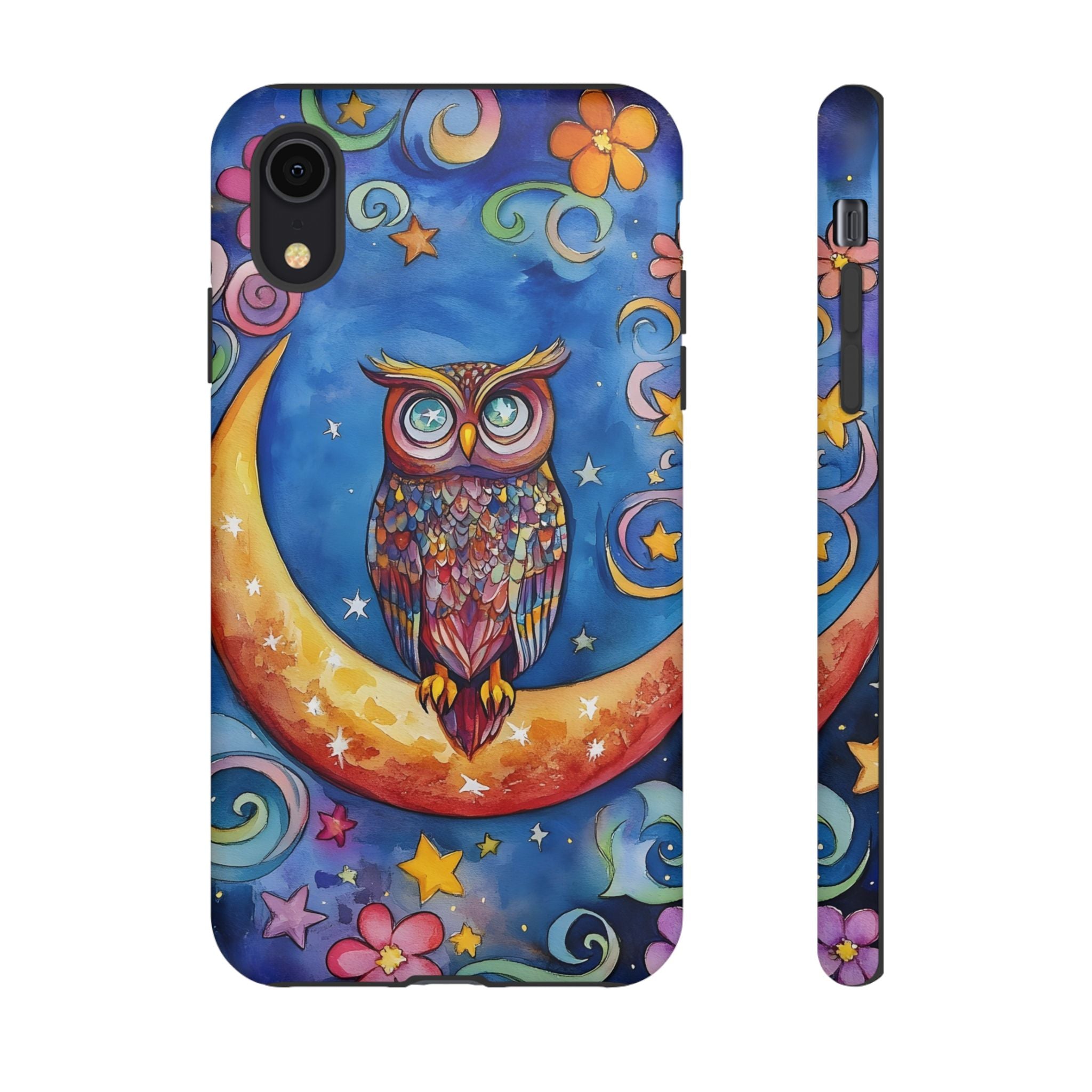 Owl on Crescent Moon iPhone Case — Colourful Whimsical Night Sky Design