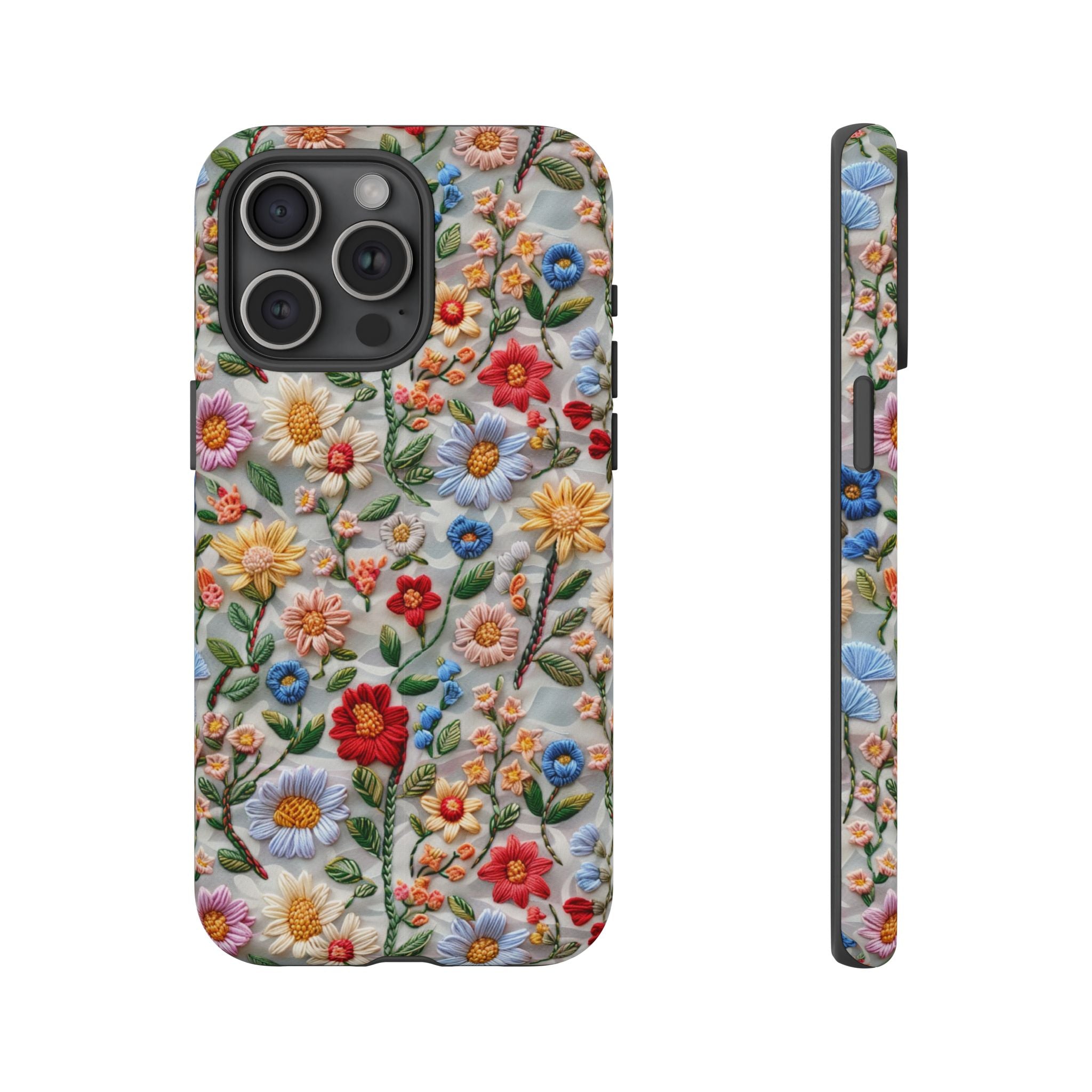 Floral Embroidered Pattern Tough iPhone Case — Colourful Daisy & Wildflower Design
