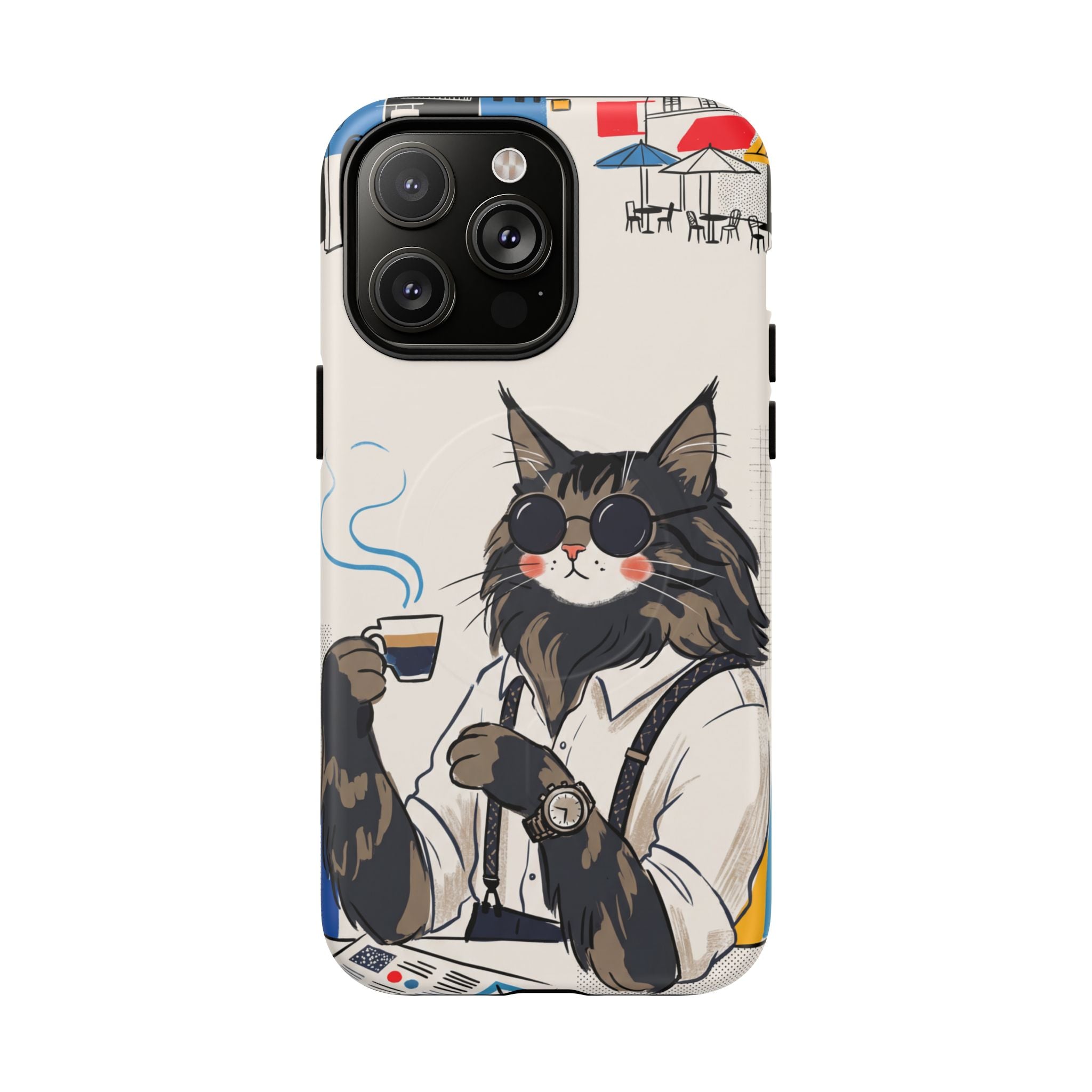 Cat Barista MagSafe iPhone Case | Cool Cat in Sunglasses Coffee Shop Design