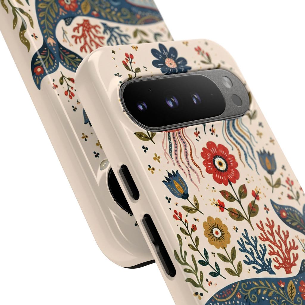 Floral Whale Google Pixel Phone Case | Boho Marine Pattern Tough Case